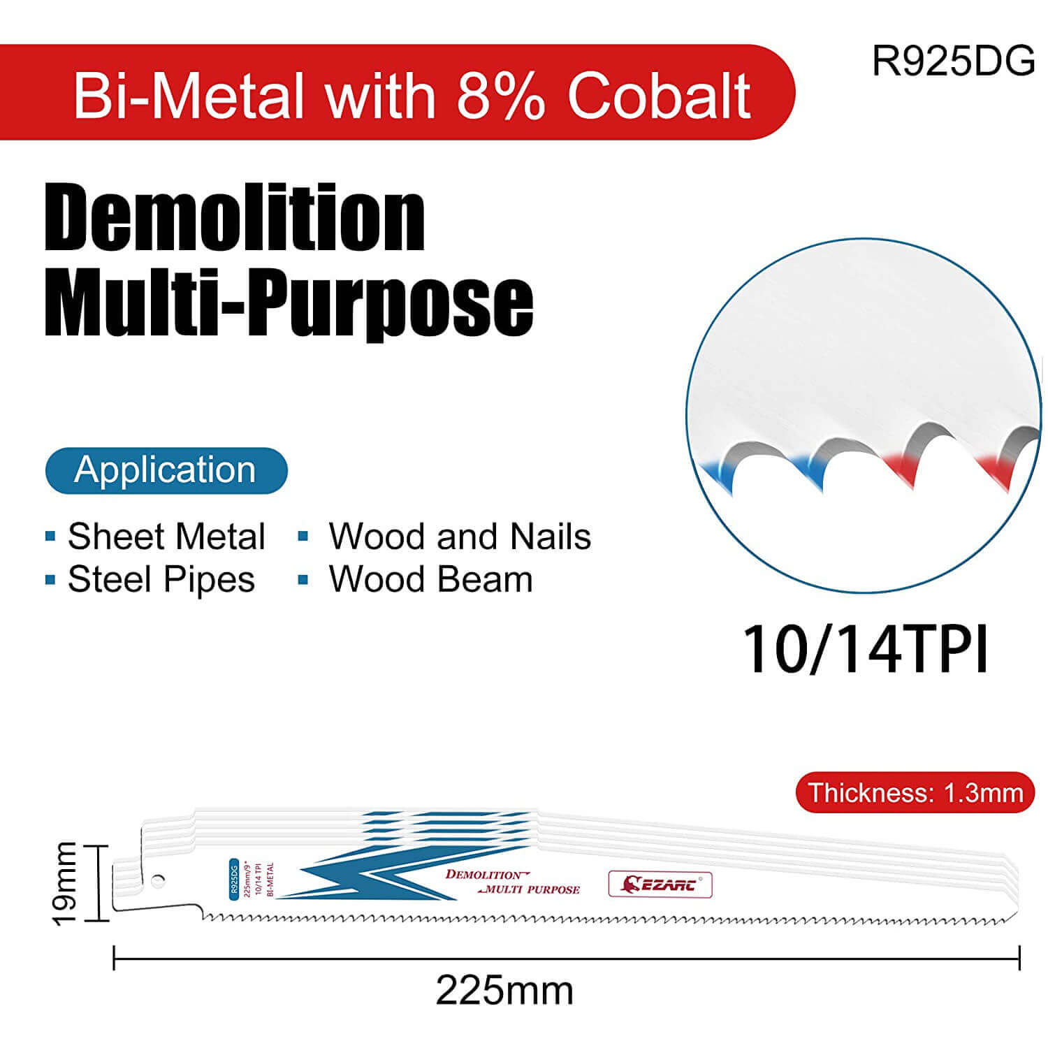 10/14tpi,9/12 in. Bi-Metal Reciprocating Saw Blade For Multi Purpose