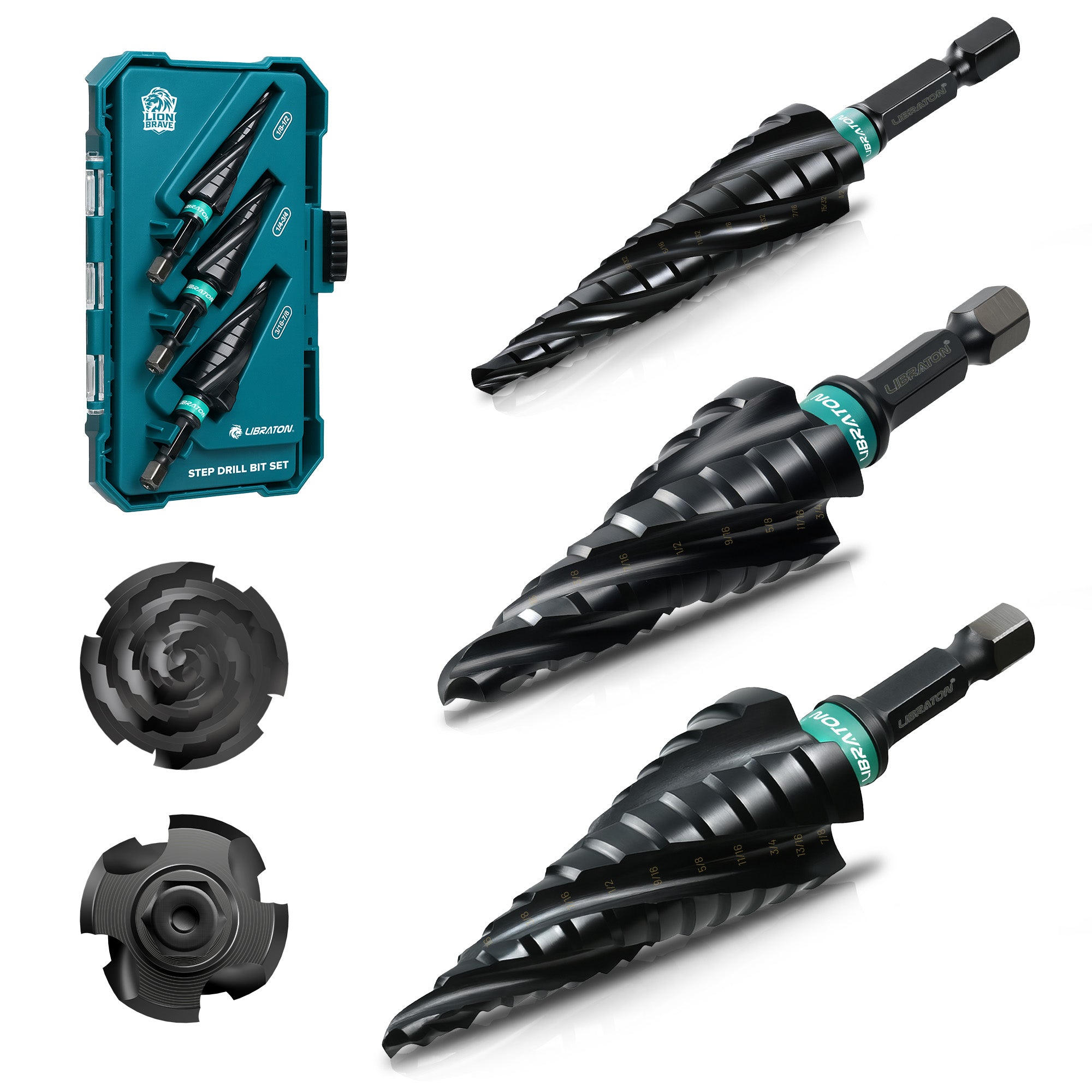 Libraton 3PCS M35 Cobalt Step Drill Bit Set with Four Spiral Flute, AlTiN Coated