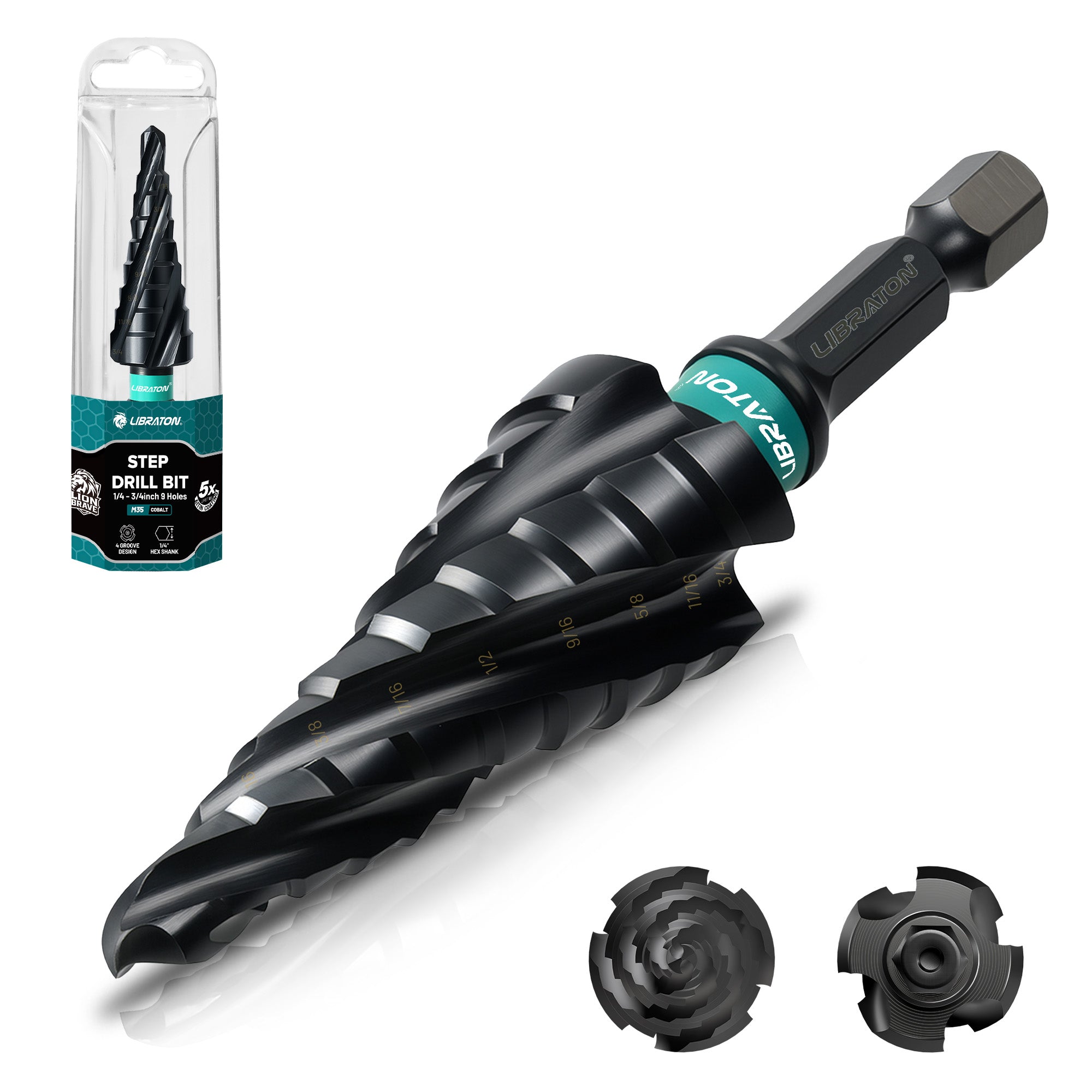 Libraton M35 Cobalt Step Drill Bit 1/4"-3/4", Four Spiral Flute Unibit