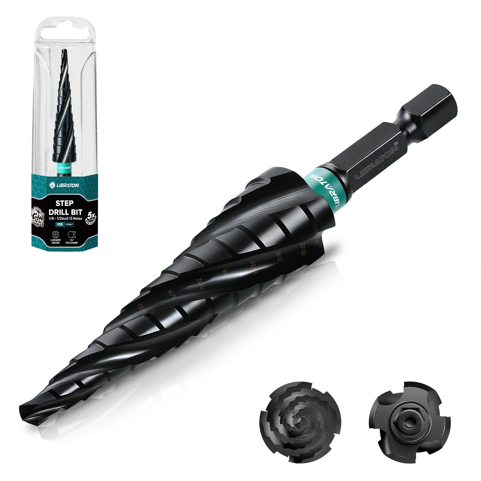 Libraton M35 Cobalt Step Drill Bit 1/8"-1/2", Four Spiral Flute Unibit
