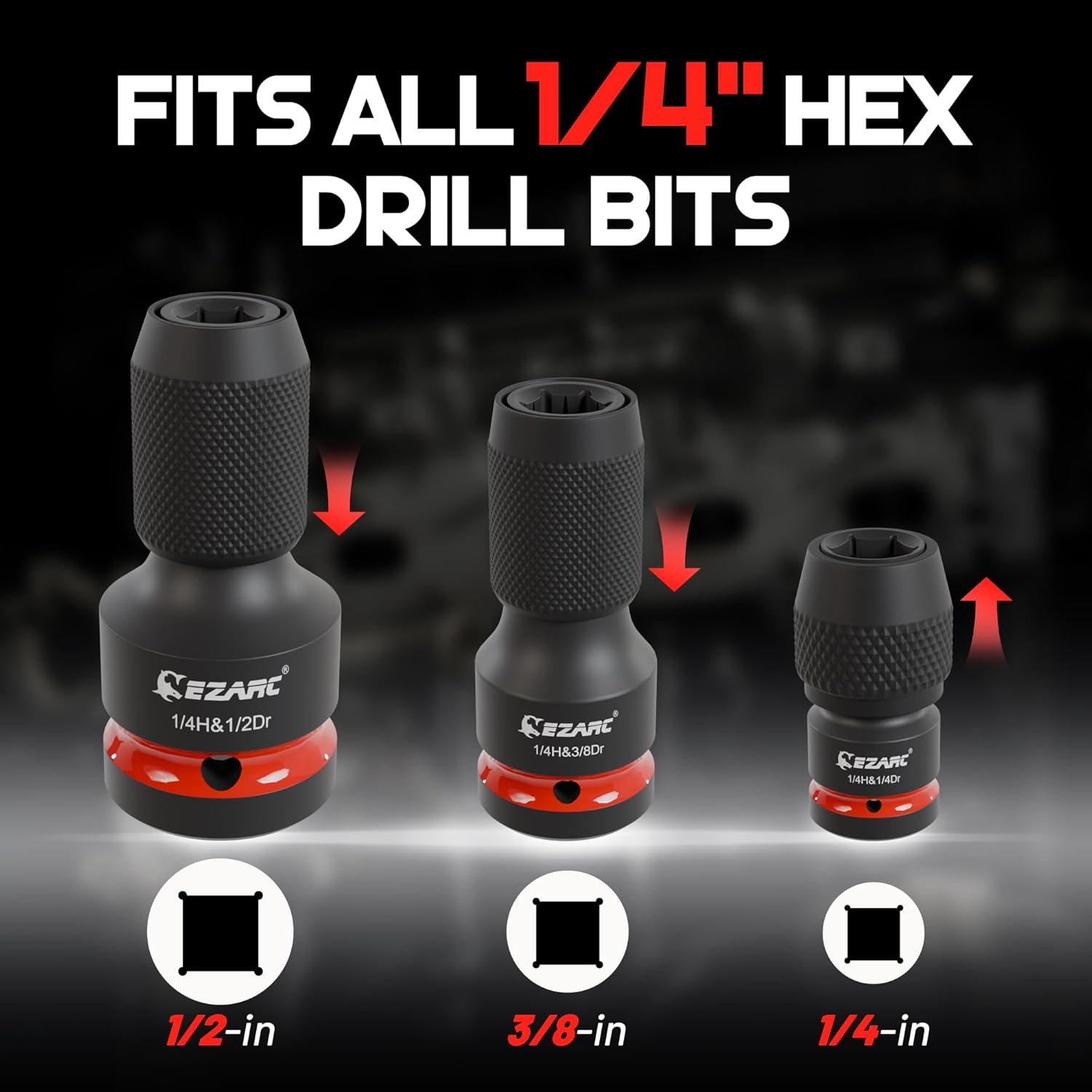 EZARC 4-Piece Impact Socket to 1/4″ Hex Adapter Set (1/2″, 3/8″, 1/4″)