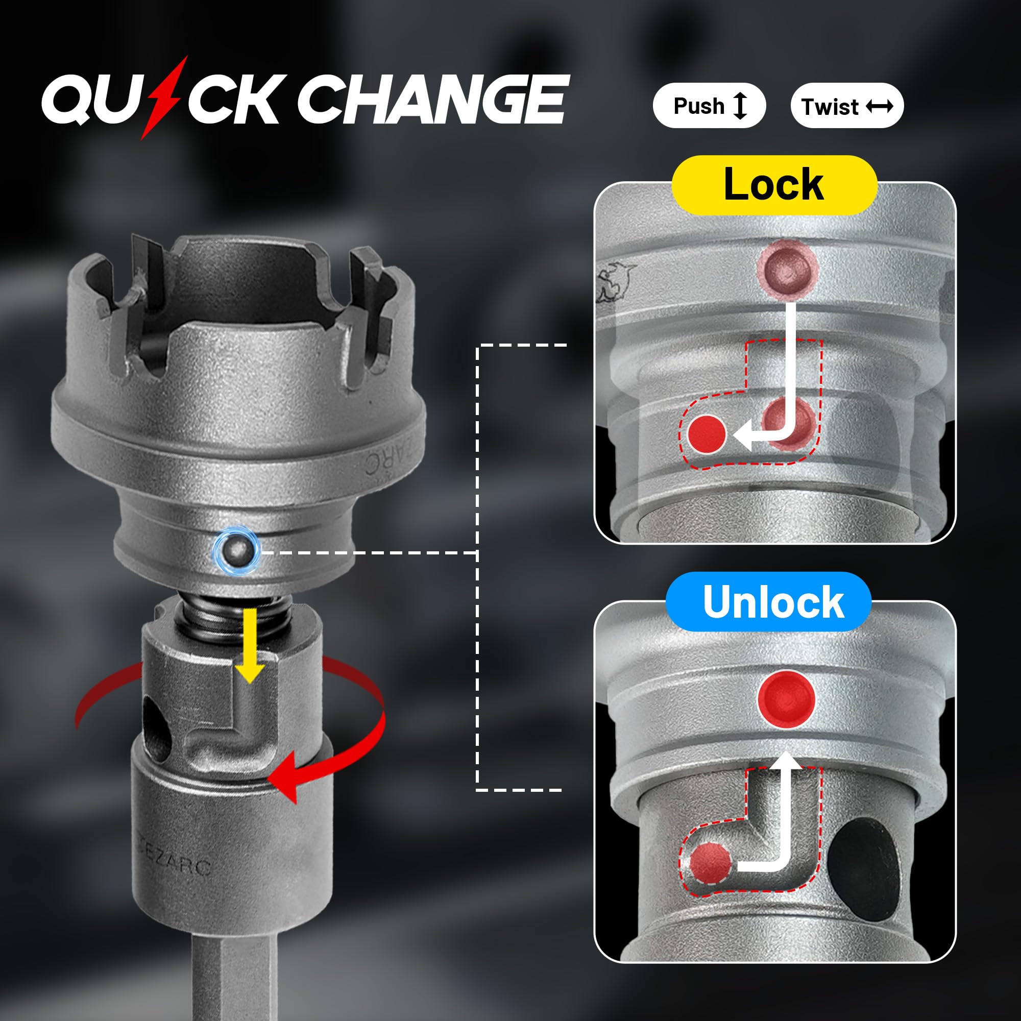 9-Piece Quick Change Carbide Hole Saw Kit, 7/8" to 2" Hole Cutters for Stainless Steel and Sheet Metal, with Pilot Drills, Hex Key and Spring