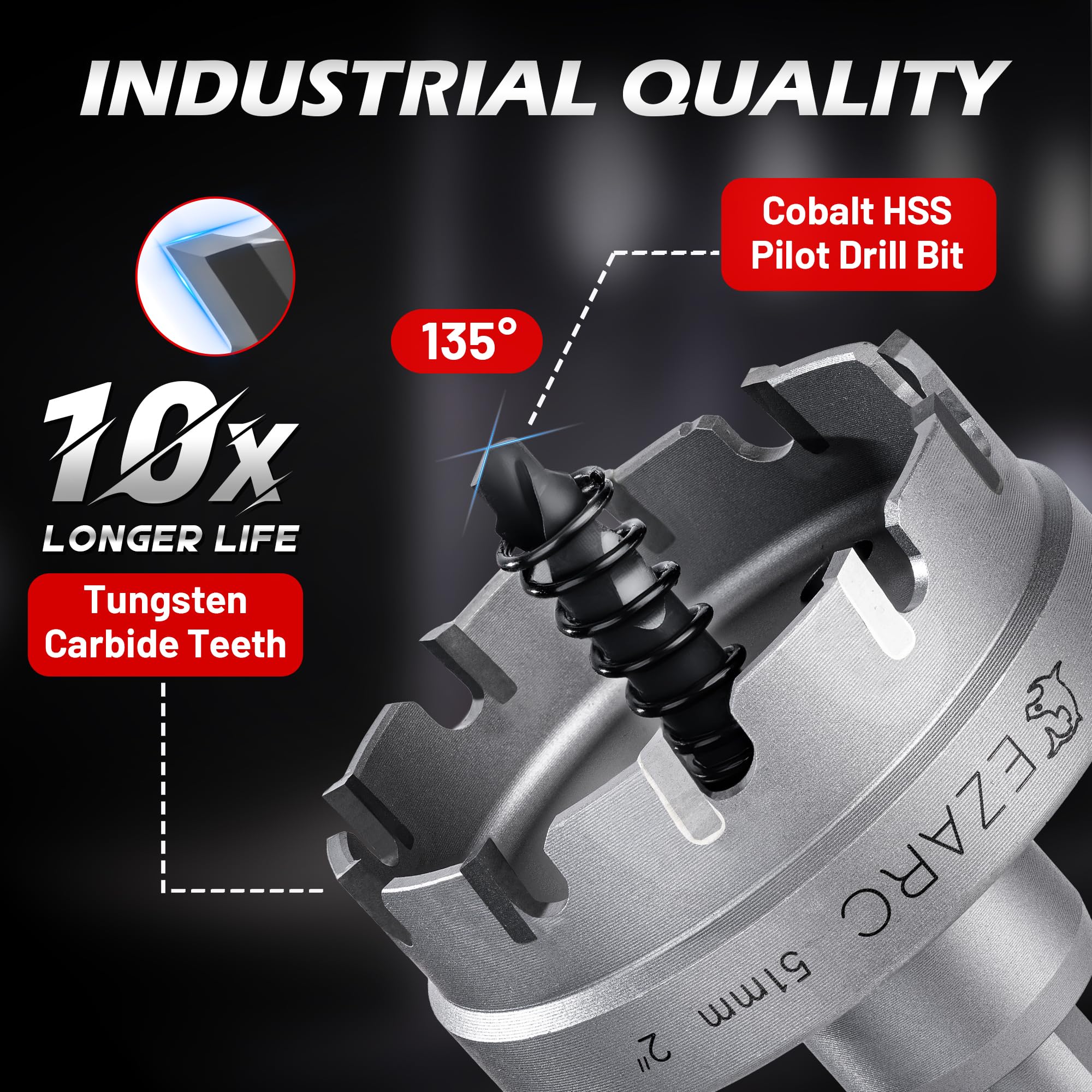 Tungsten Carbide Hole Saw Kit, 7/8" to 2" Hole Saw Set with Pilot Drill Bits and Hex Key for Stainless Steel and Hard Meta