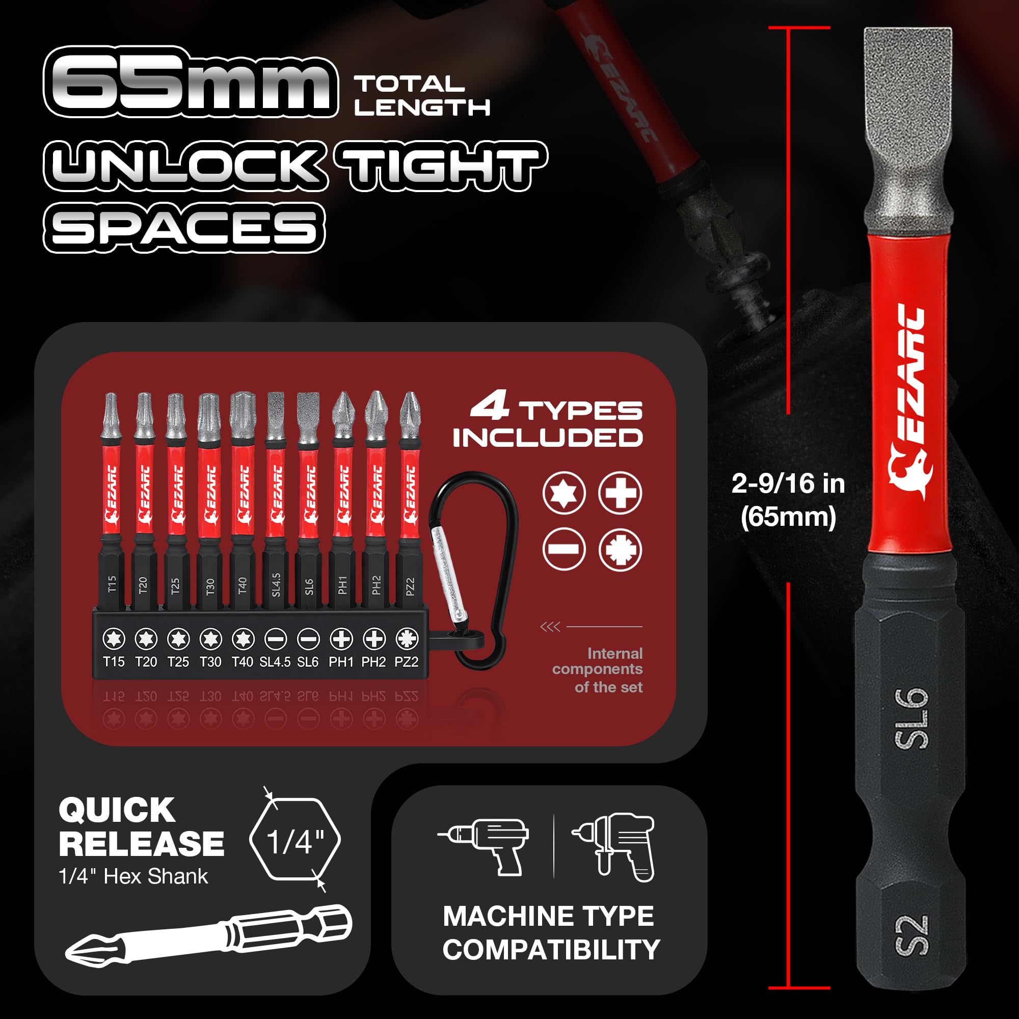 Diamond Tip Screwdriver Bit Set, Anti-Slip Magnetic 65mm Torx, Phillips, Pozidriv & Slotted Bits, S2 Alloy Steel, 1/4" Hex Shank for Impact Driver and Power Drill, 10-Piece