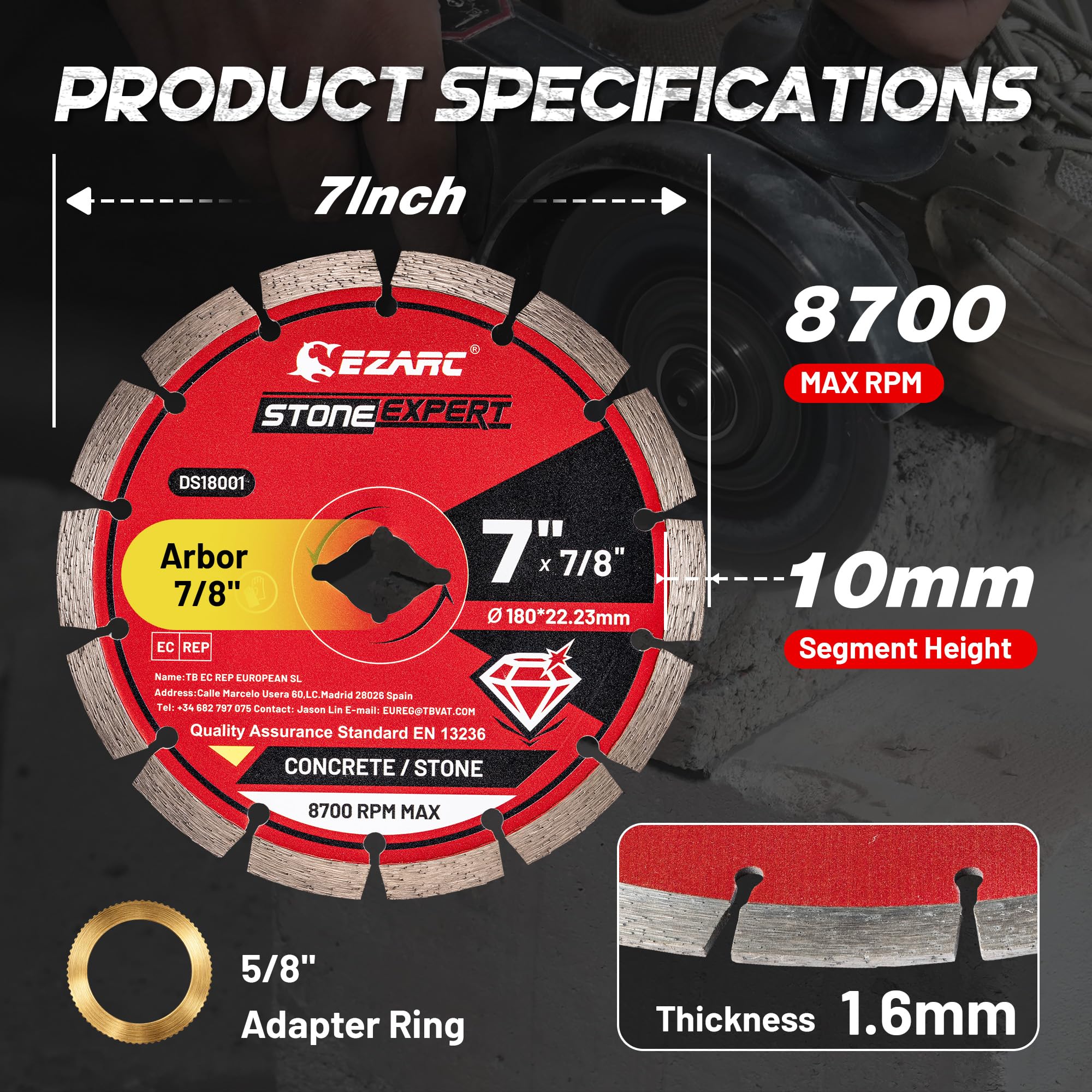 7 Inch Segmented Diamond Blade for Concrete, Block and Brick, Wet/Dry Cutting Wheel for Angle Grinder, 7/8"-5/8" Arbor