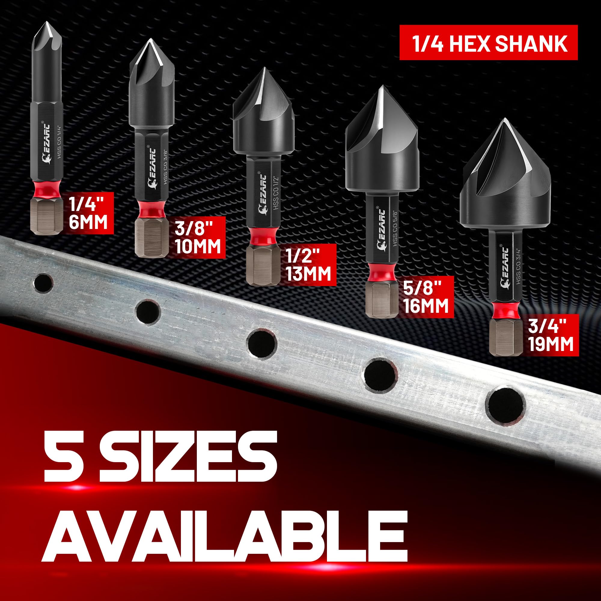 Countersink Drill Bit Set for Hard Metal, TiAlN Coated 82° 5-Flute Counter Sink Bits with 1/4" Hex Shank, 1/4" to 3/4", 5-Piece