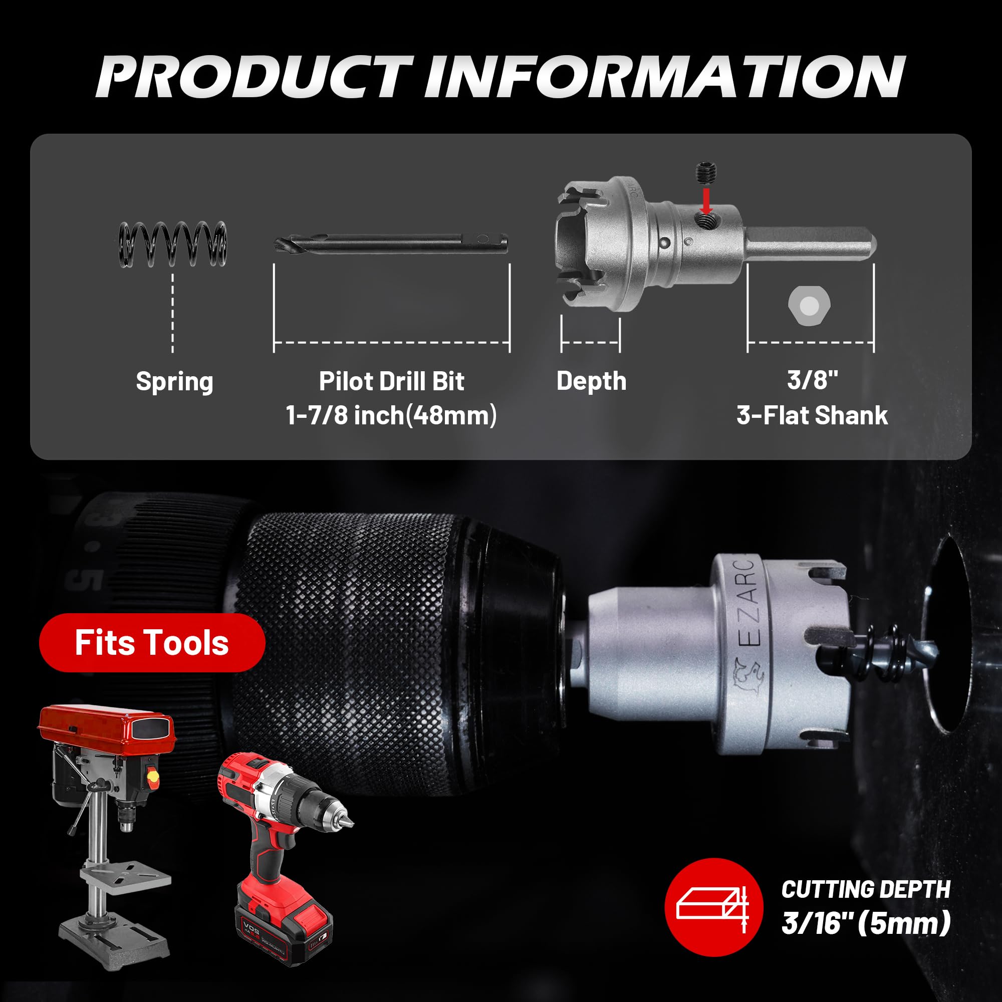 Tungsten Carbide Hole Saw Kit, 7/8" to 2" Hole Saw Set with Pilot Drill Bits and Hex Key for Stainless Steel and Hard Meta