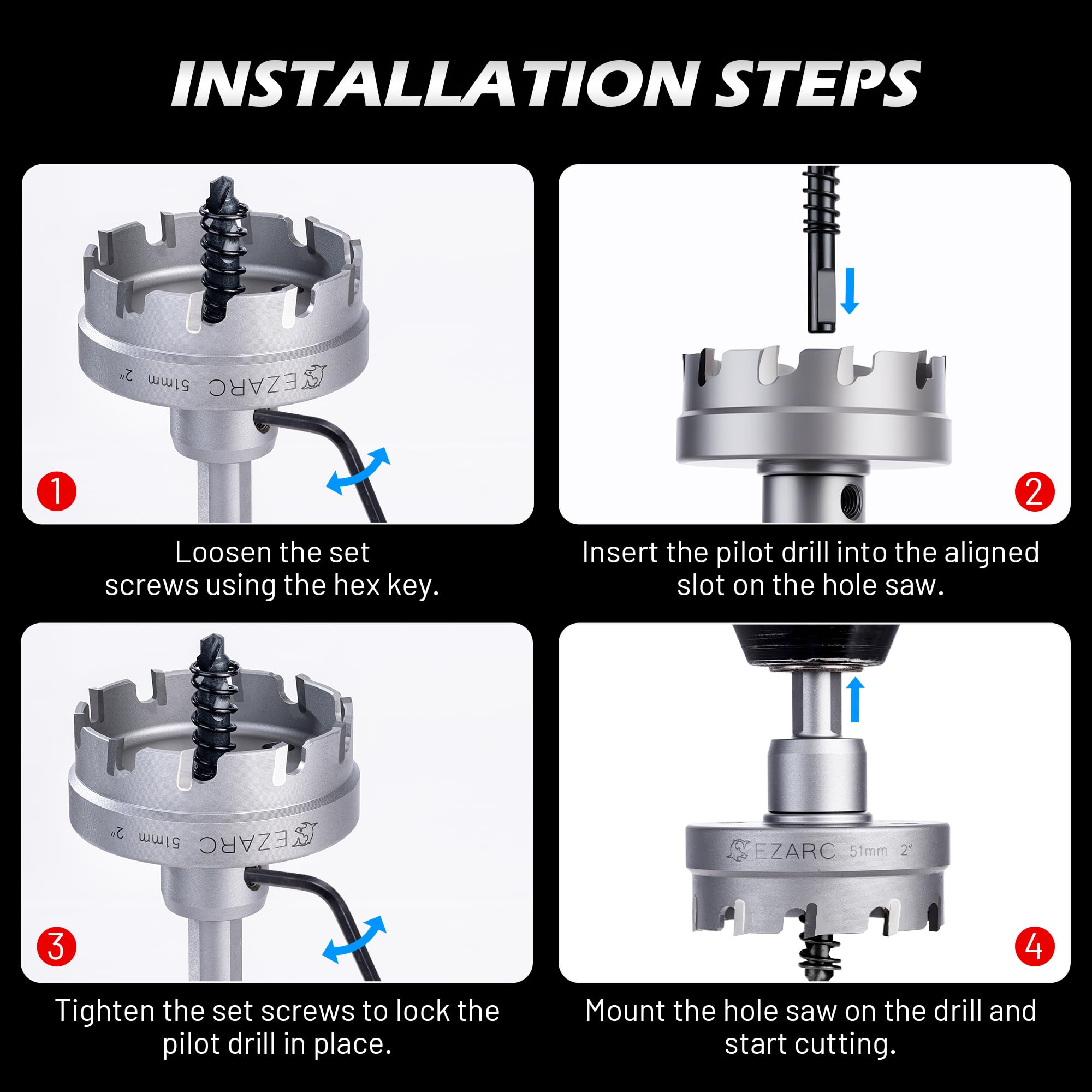 Tungsten Carbide Hole Saw Kit, 7/8" to 2" Hole Saw Set with Pilot Drill Bits and Hex Key for Stainless Steel and Hard Meta