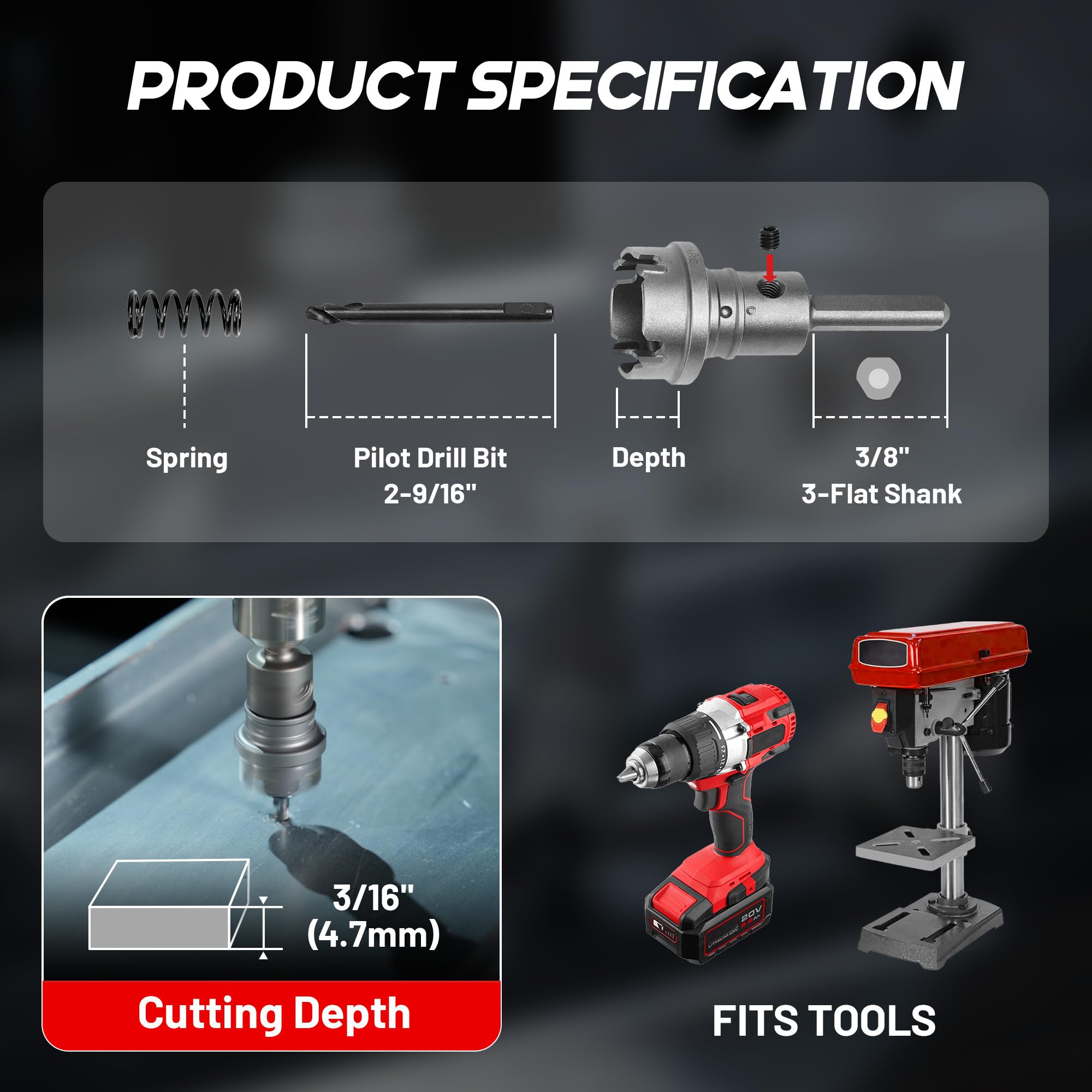 9-Piece Quick Change Carbide Hole Saw Kit, 7/8" to 2" Hole Cutters for Stainless Steel and Sheet Metal, with Pilot Drills, Hex Key and Spring
