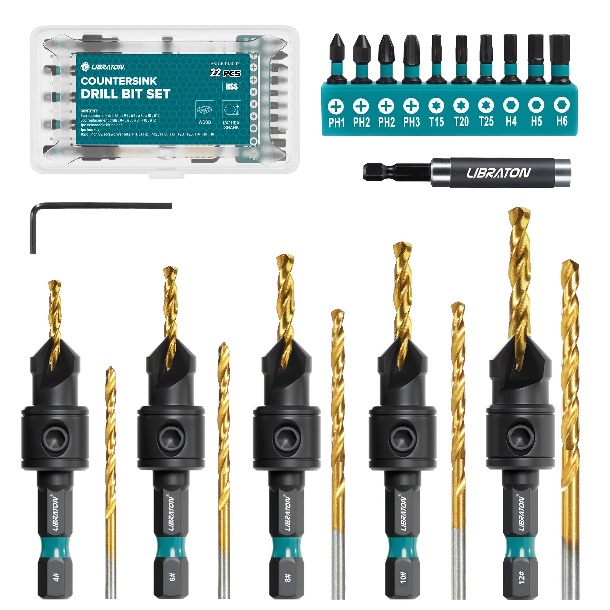 Libraton 22PCS Adjustable Countersink Drill Bit Set, #4 #6 #8 #10 #12