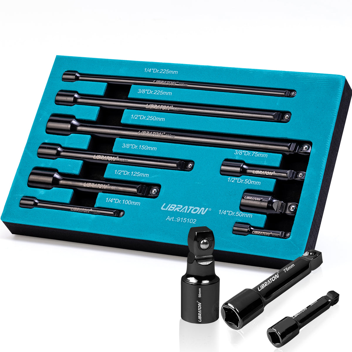 Libraton 9PCS Wobble Extension Set, 1/4" 3/8" 1/2" Drive Socket Extensions