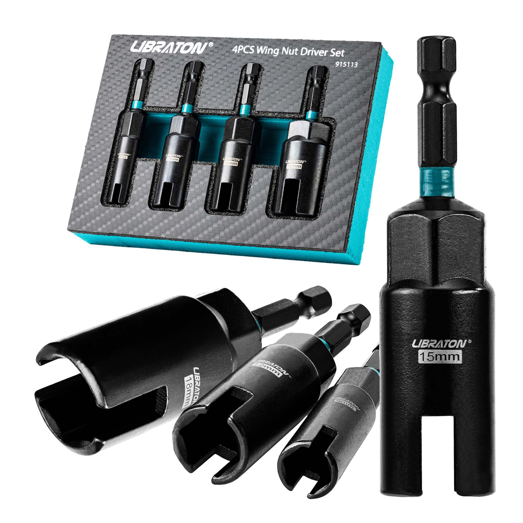 Libraton 4PCS Wing Nut Driver Set, 1/4" Hex Shank 9mm-18mm with EVA Case