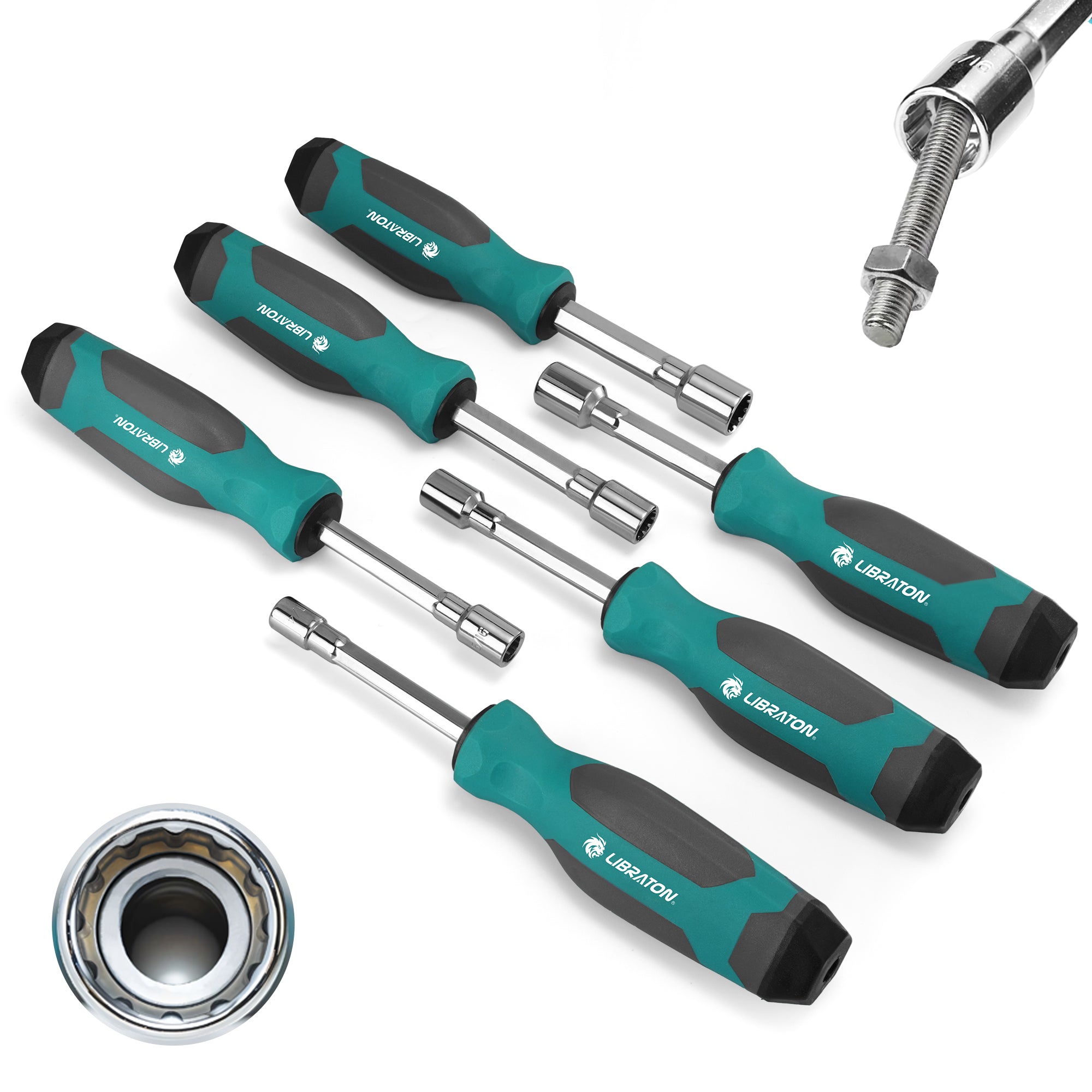 LIBRATON 6-Pc SAE Full-Hollow Nut Drivers – 12-Point Magnetic, 1/4" to 1/2" (6 Sizes), Long-Bolt Ready