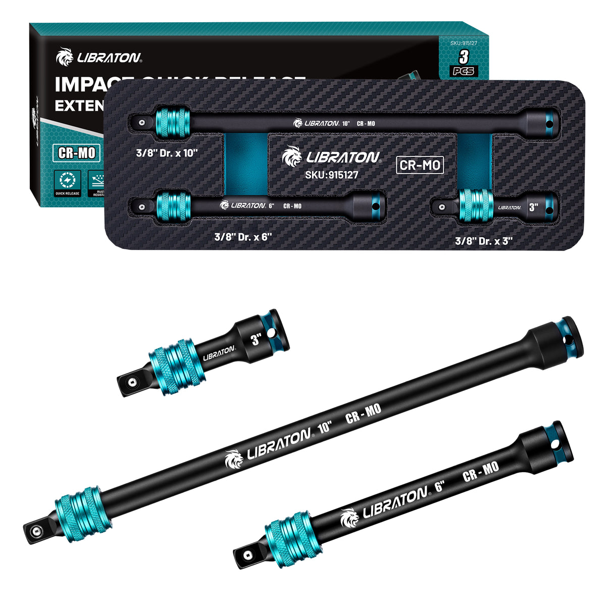 LIBRATON 3/8" Drive Locking Impact Extension Bar Set | 3-Piece Quick Release Socket Extensions