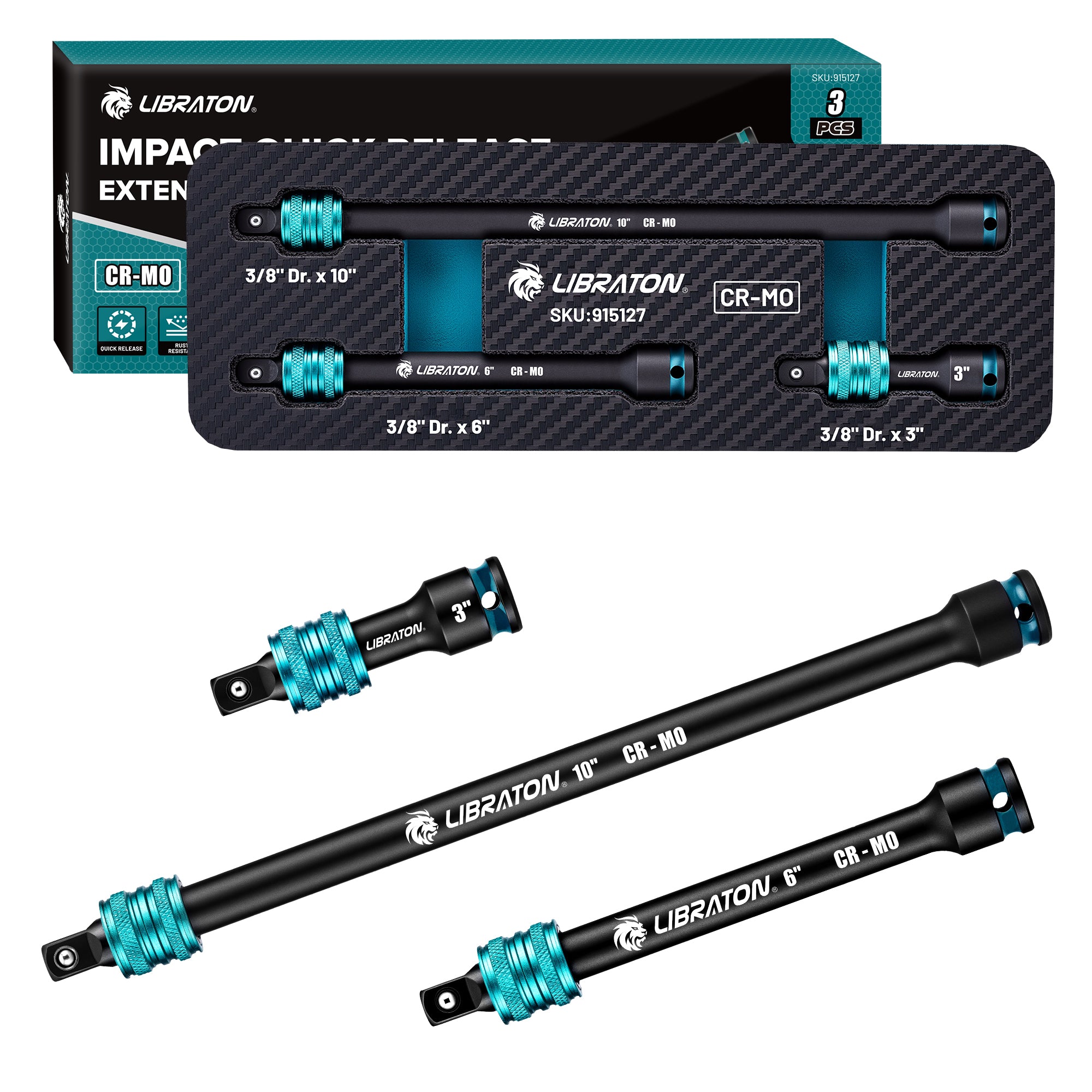 LIBRATON 3/8" Drive Locking Impact Extension Bar Set | 3-Piece Quick Release Socket Extensions