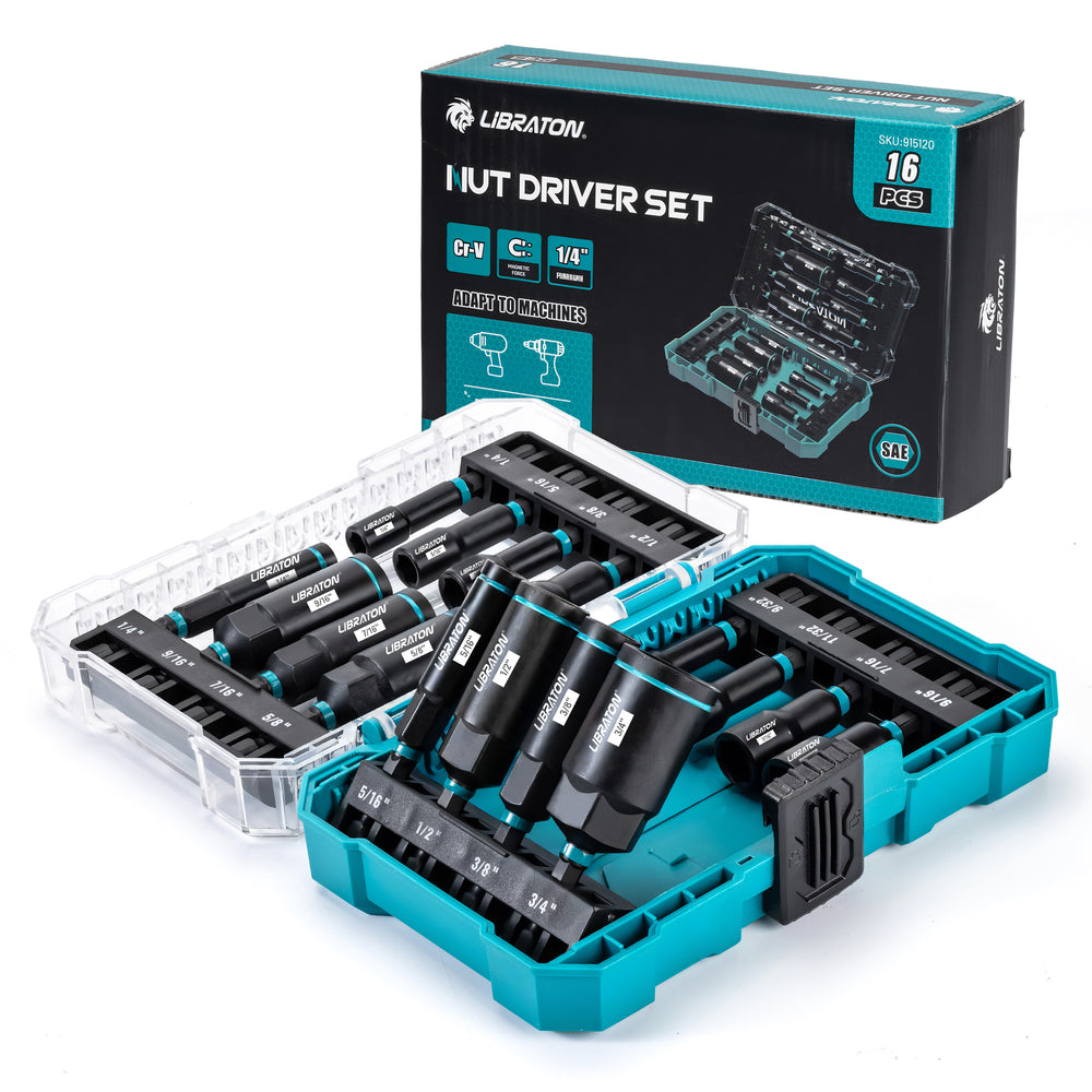 Juego de destornilladores de tuercas magnéticos LIBRATON de 16 piezas, 1/4"-9/16" SAE y métrico, kit de reparación de automóviles
