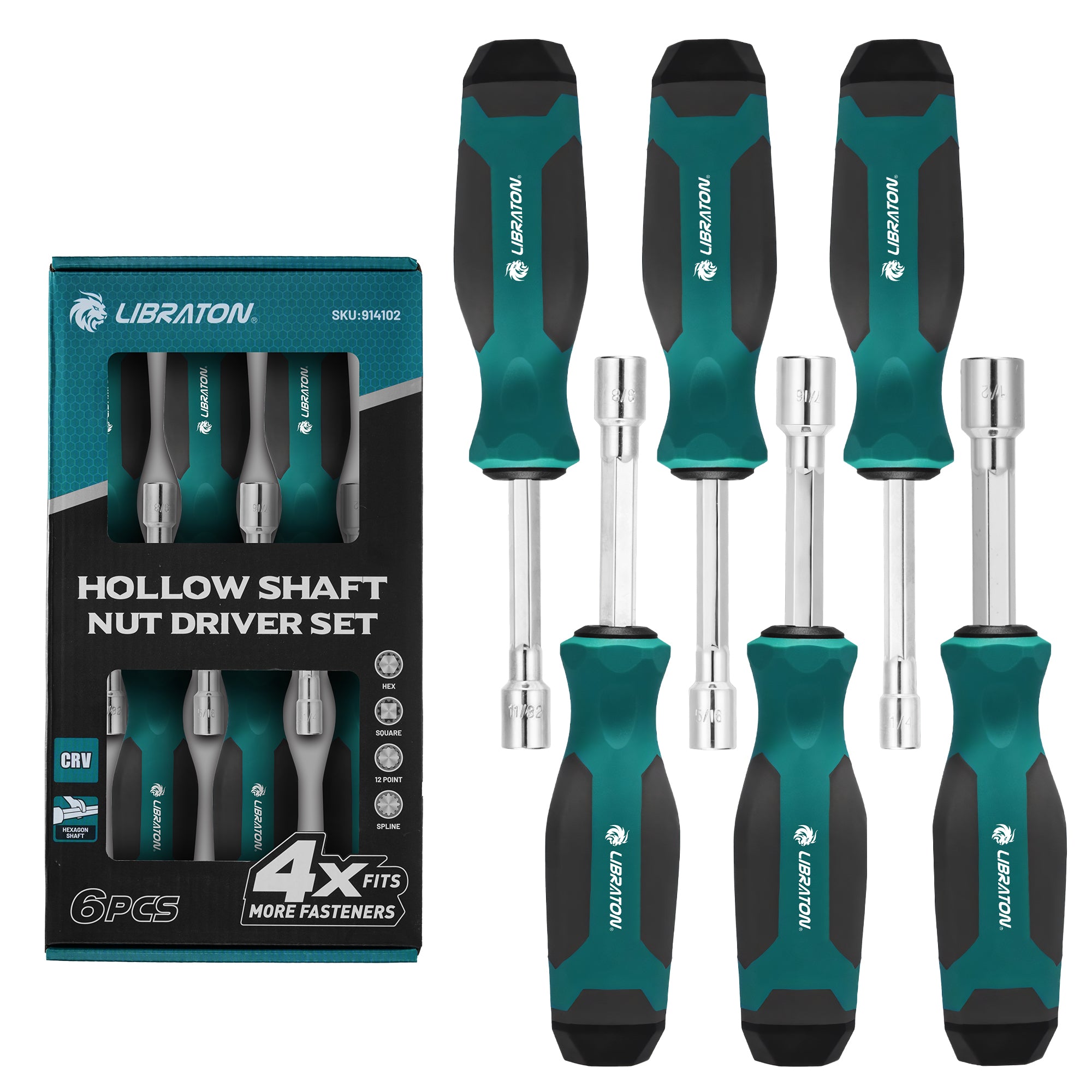 LIBRATON 6-Pc SAE Full-Hollow Nut Drivers – 12-Point Magnetic, 1/4" to 1/2" (6 Sizes), Long-Bolt Ready