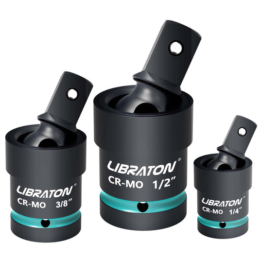 Juego de vasos de impacto giratorios Libraton de 3 piezas – Ejes de 1/4", 3/8", 1/2", juntas flexibles de Cr-Mo