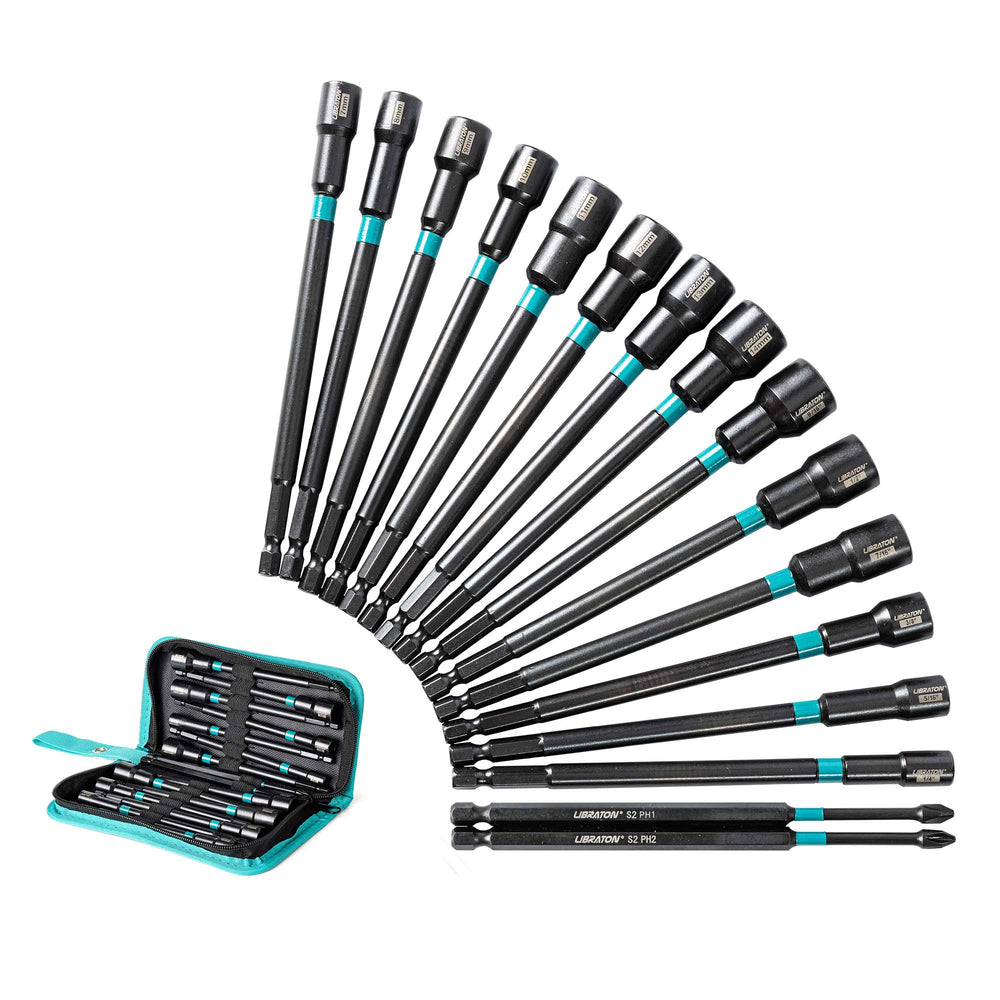 Juego de destornilladores de tuercas magnéticos Libraton de 16 piezas, destornilladores de tuercas métricos y SAE de 6" de largo con puntas PH y bolsa de almacenamiento