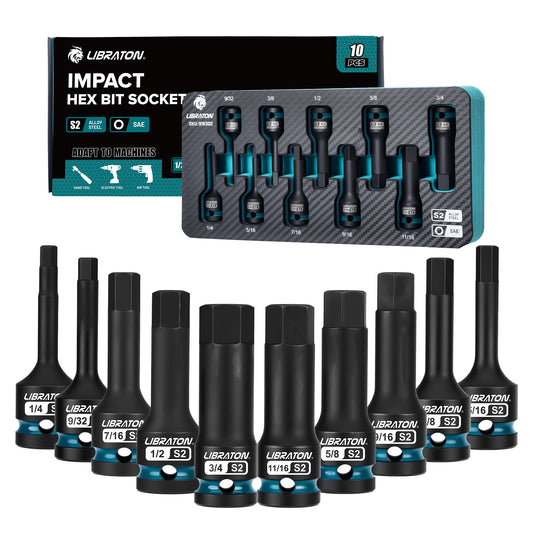 LIBRATON Impact Hex Bit Socket Set, 1/2" Dr, S2 Steel, High Torque Sockets