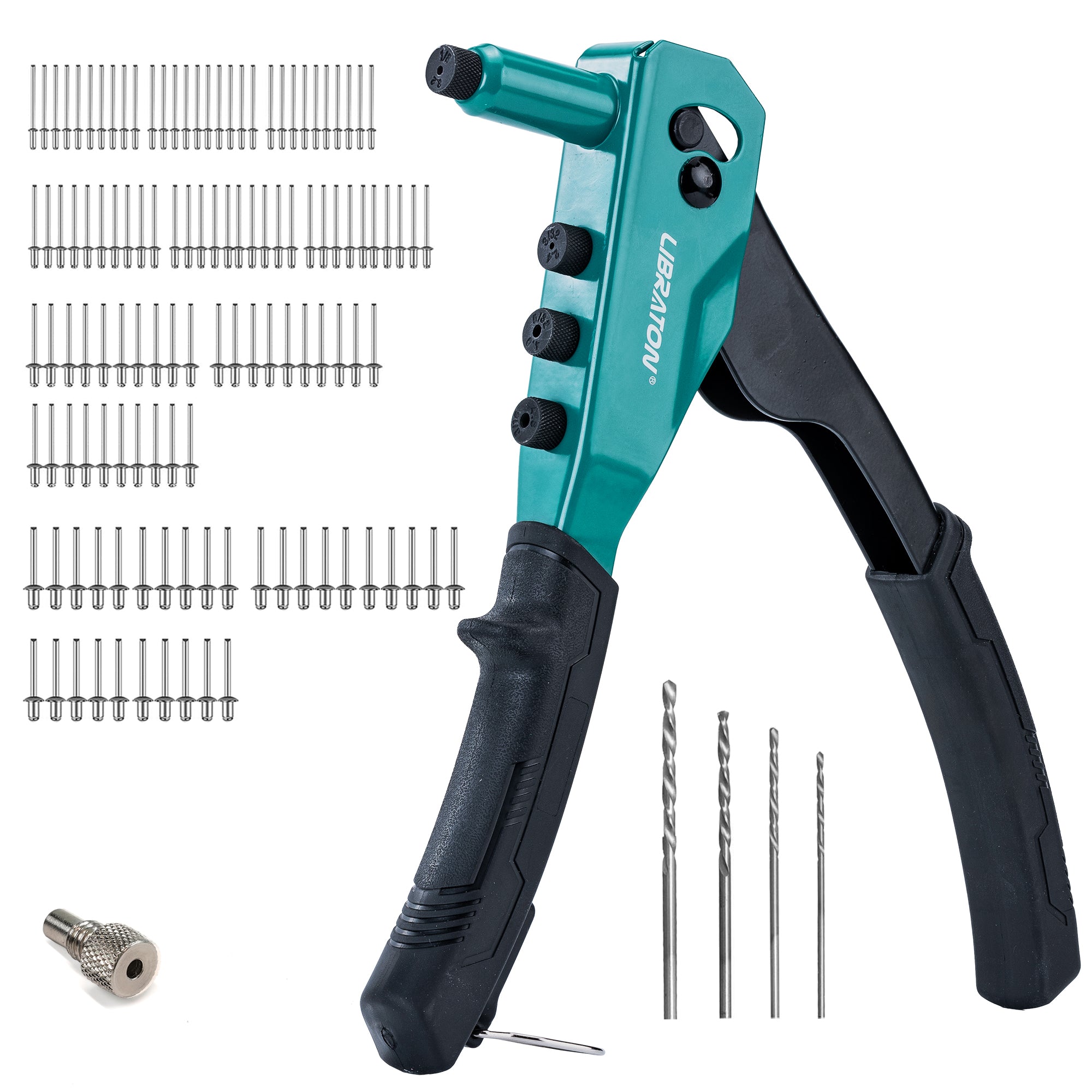 LIBRATON Rivet Gun Set, Pop Rivet Gun, Heavy Duty Rivet Tool, Professional Hand Riveter, Manual Riveting Tool with 120 Blind Rivets, 4 HSS Drill Bits, 4 Tool-free Interchangeable Heads