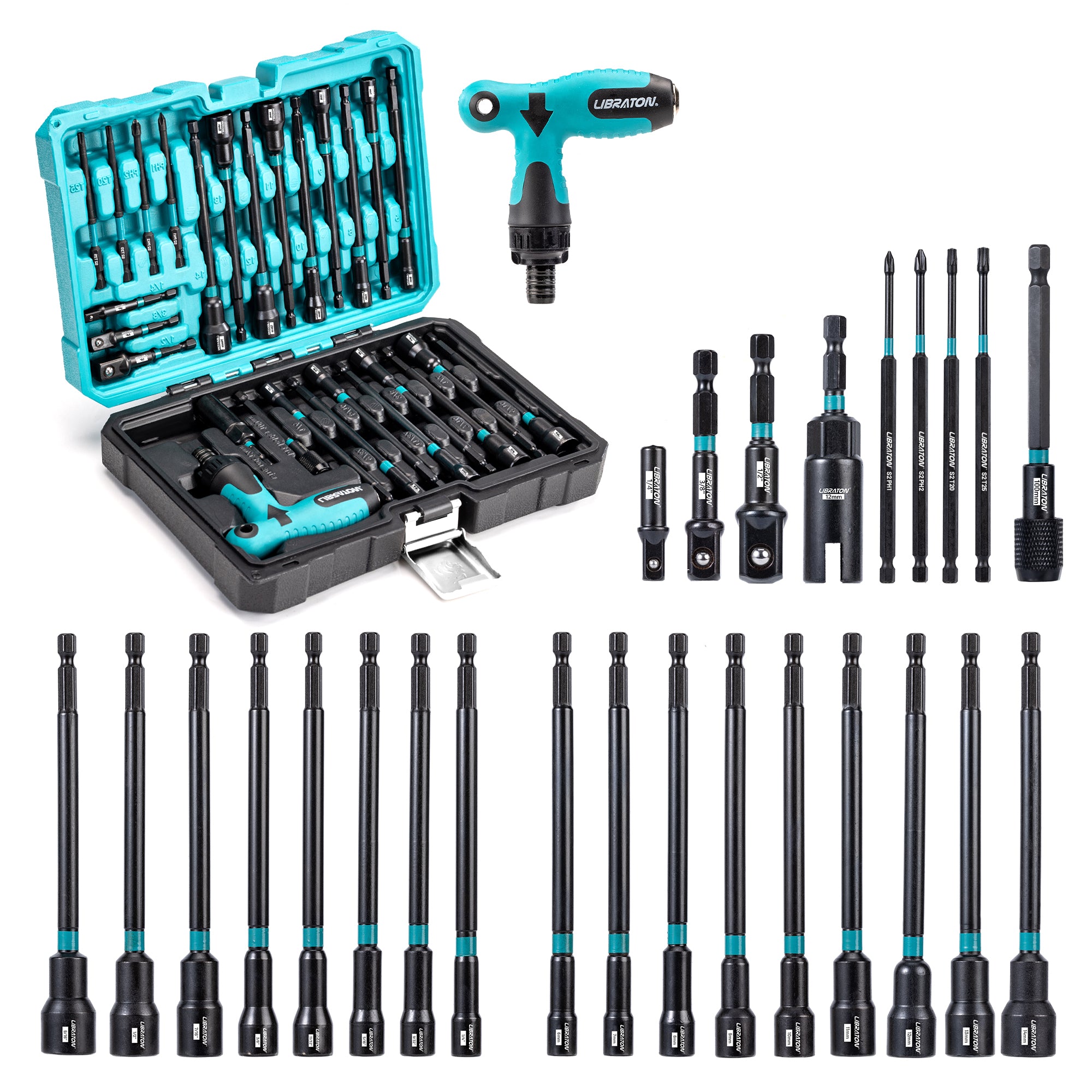 LIBRATON 27-Piece Magnetic Nut Driver Kit – SAE & Metric, Ratcheting T-Handle, Impact-Ready