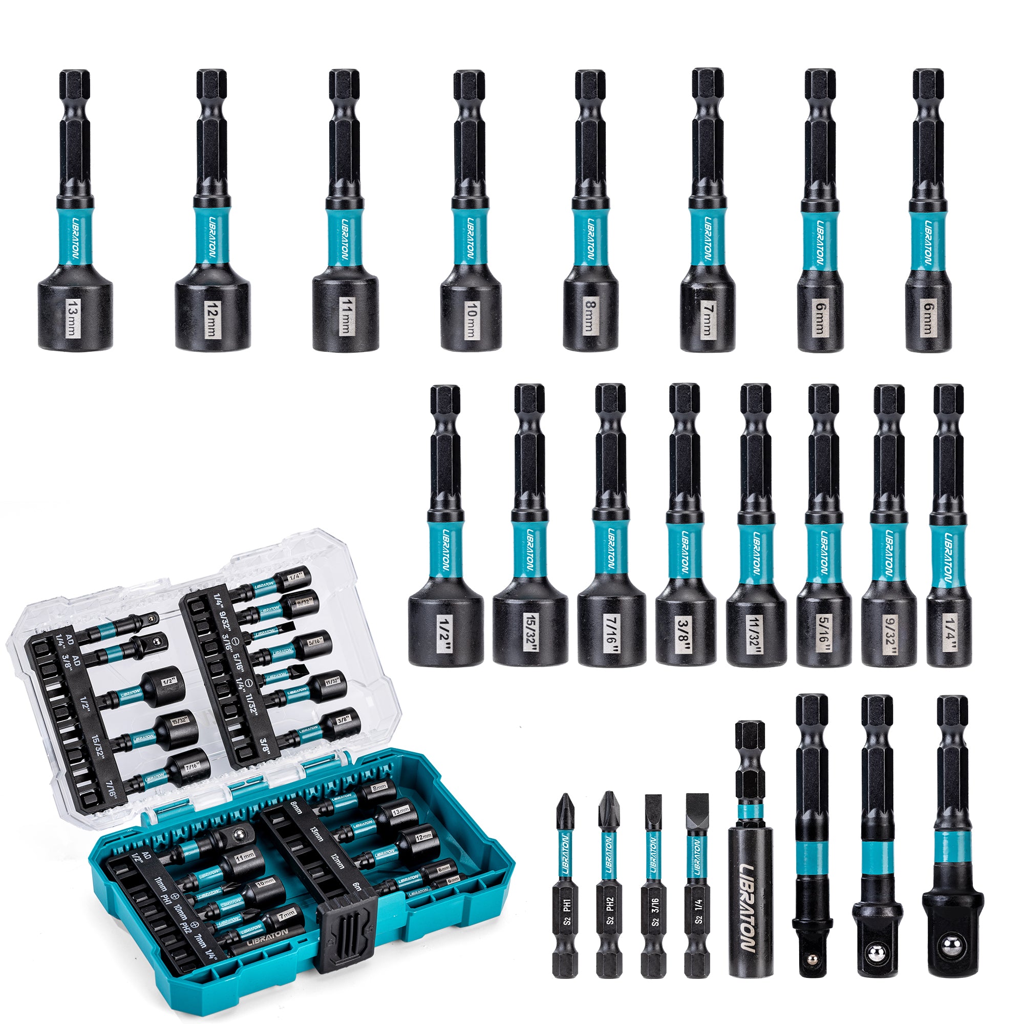 LIBRATON 24-PC Magnetic Nut Driver Set – SAE & Metric, 1/4" Hex, Impact-Rated