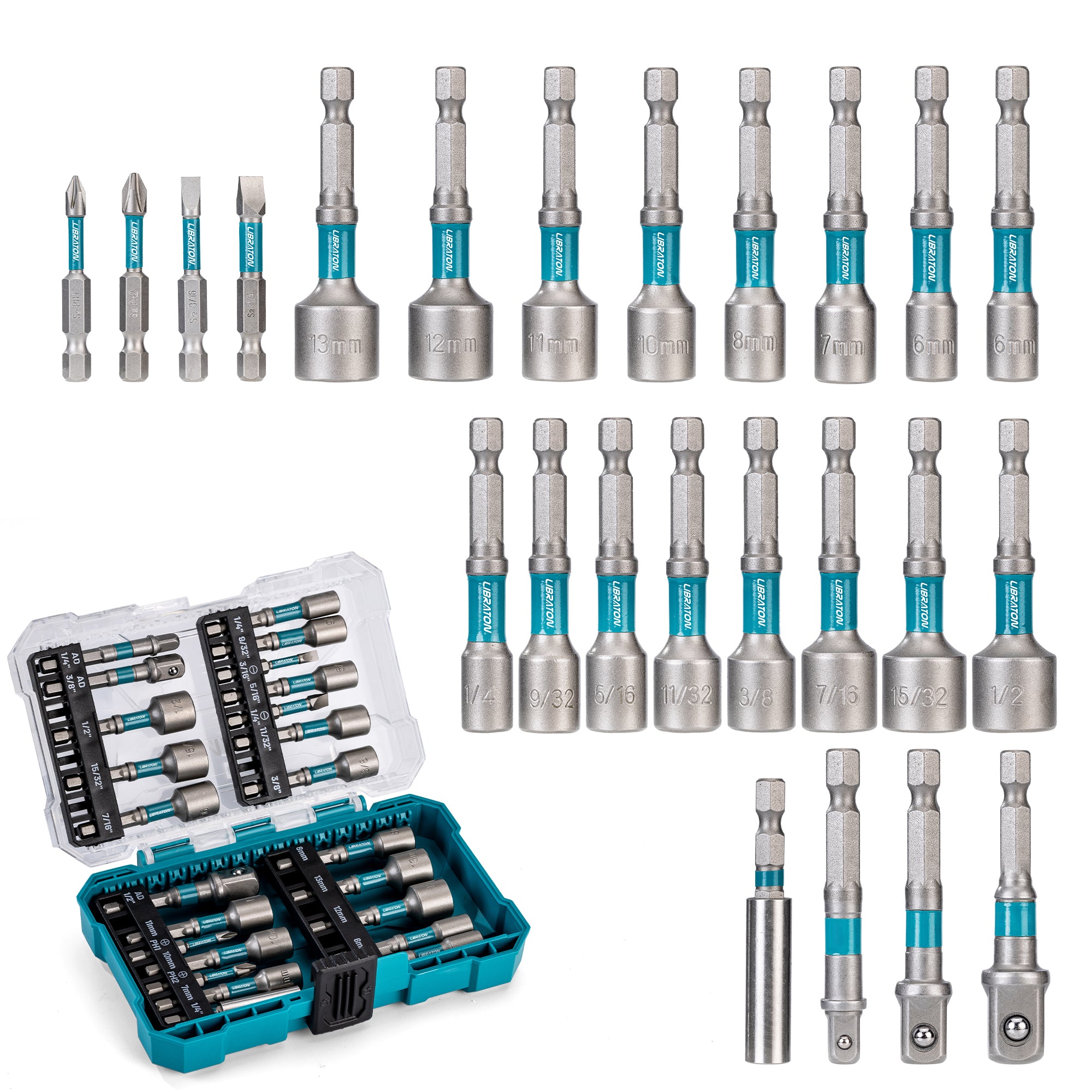 LIBRATON 24-PC Magnetic Nut Driver Set – SAE & Metric, 1/4" Hex, Impact-Rated