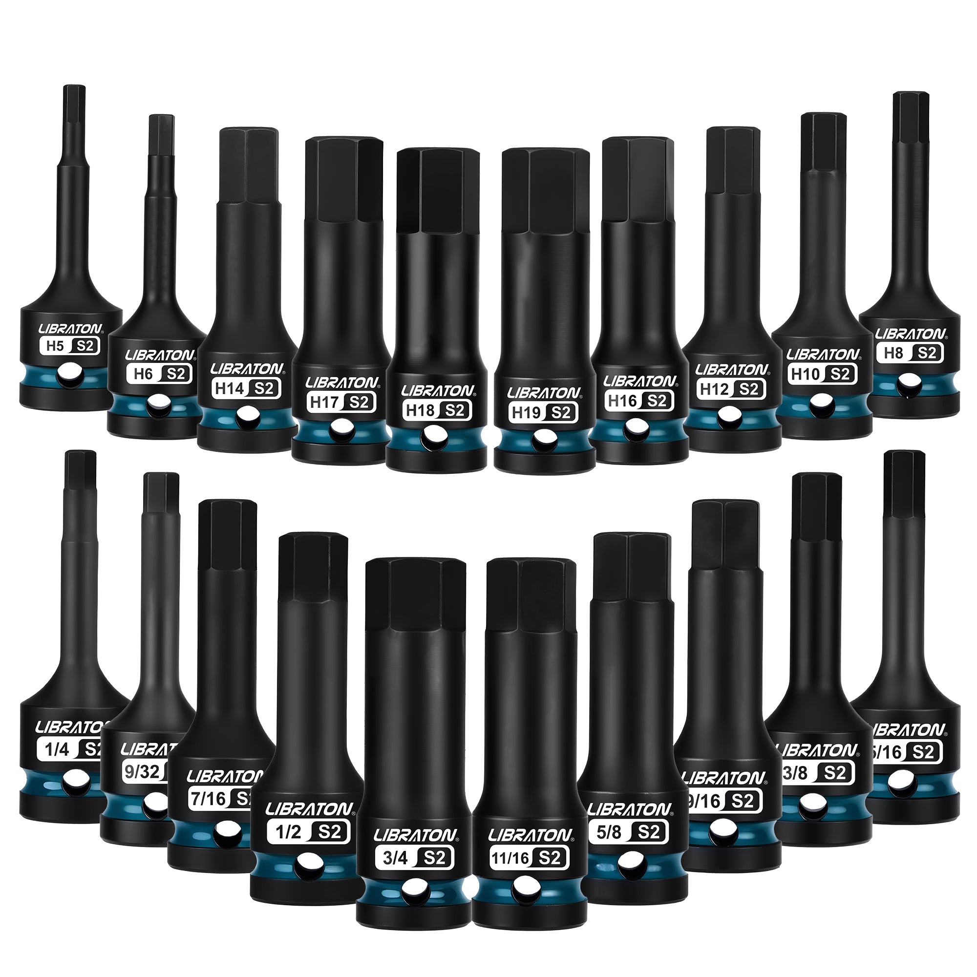 Libraton 20PCS 1/2" Drive Impact Hex Bit Socket Set, S2 Steel, Metric & SAE