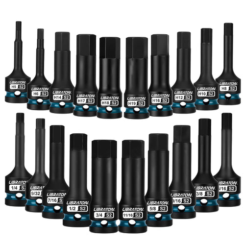 Libraton 20PCS 1/2" Drive Impact Hex Bit Socket Set, S2 Steel, Metric & SAE