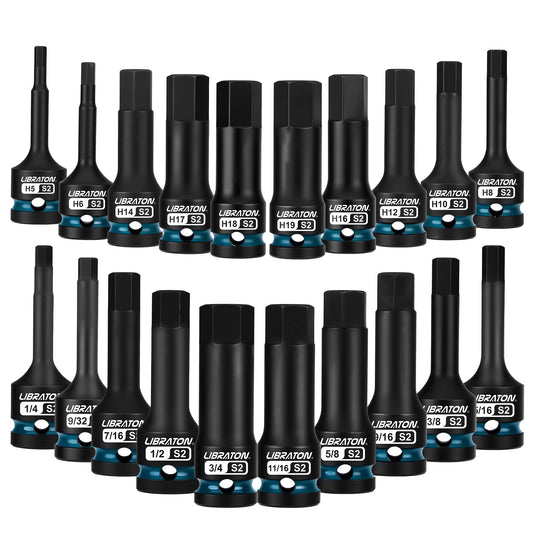 Libraton Juego de 20 vasos de impacto hexagonales de 1/2", acero S2, métricos y SAE