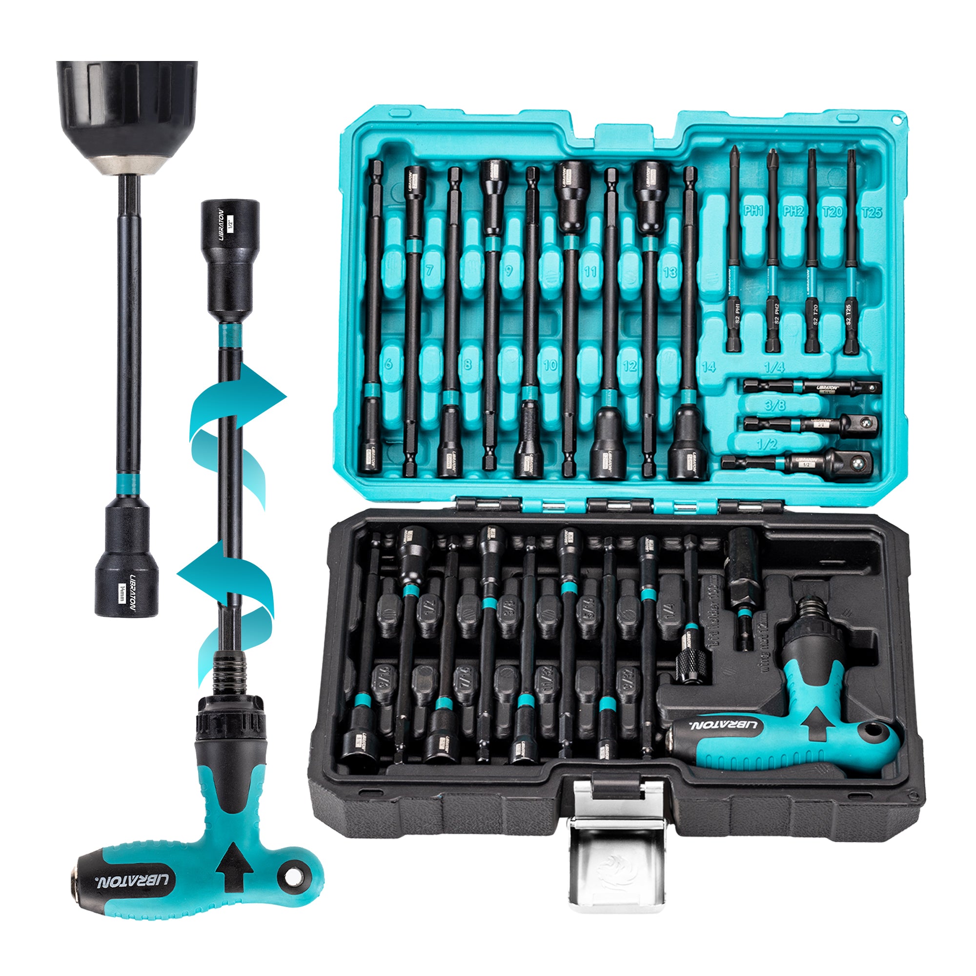 LIBRATON 27-Piece Magnetic Nut Driver Kit – SAE & Metric, Ratcheting T-Handle, Impact-Ready