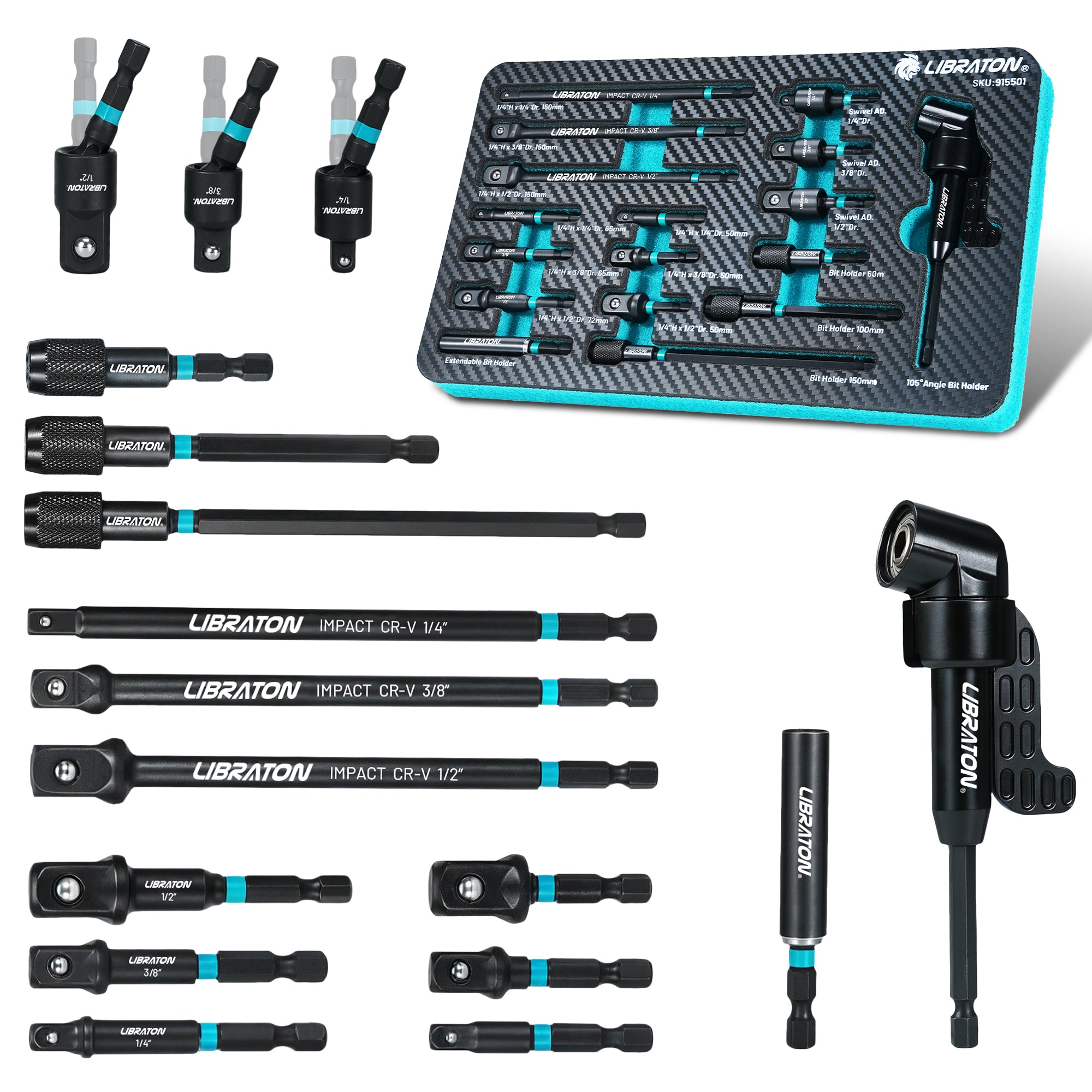 LIBRATON 17PCS Impact Socket Adapter Set | 1/4", 3/8", 1/2" Drive Adapters with Quick Release Holder & Extension Accessories