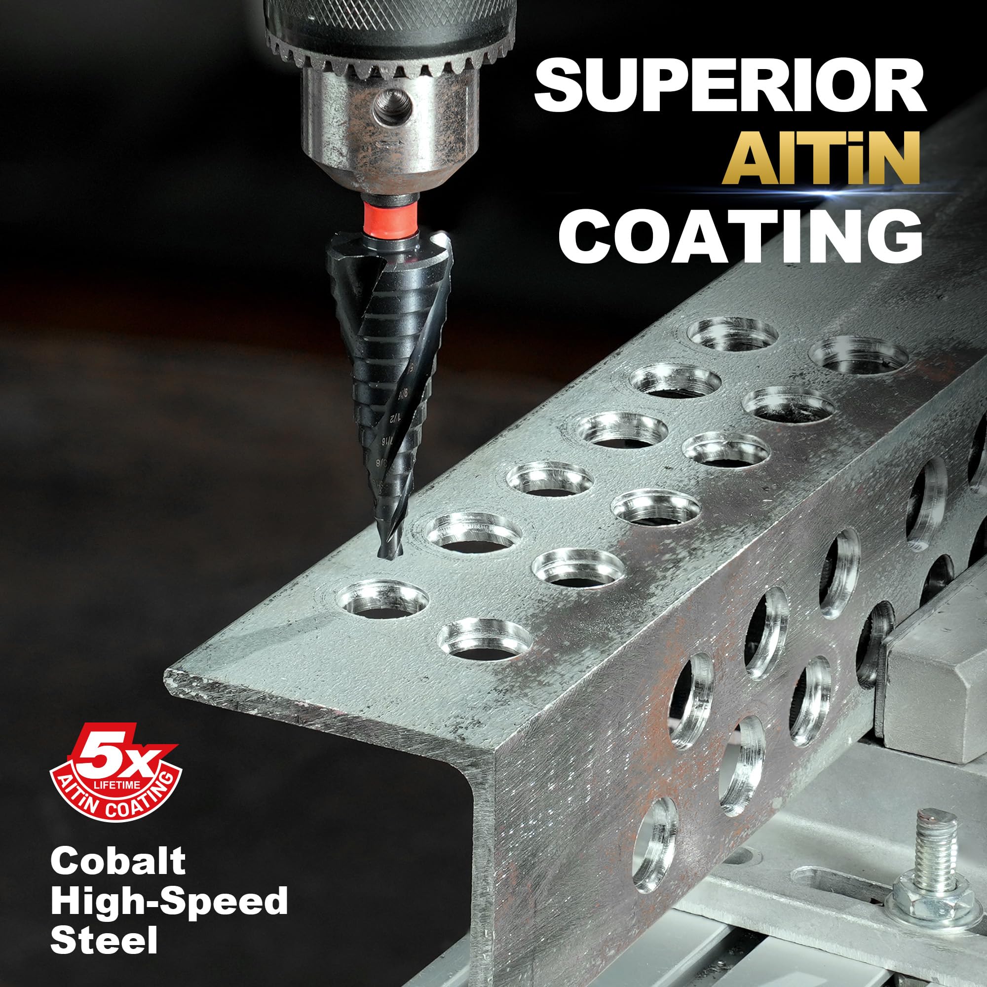 M35 Cobalt Wear-Resistant AlTiN Coated Step Drill Spiral Flute Unibit, for Stainless Steel, Aluminum, Plastic