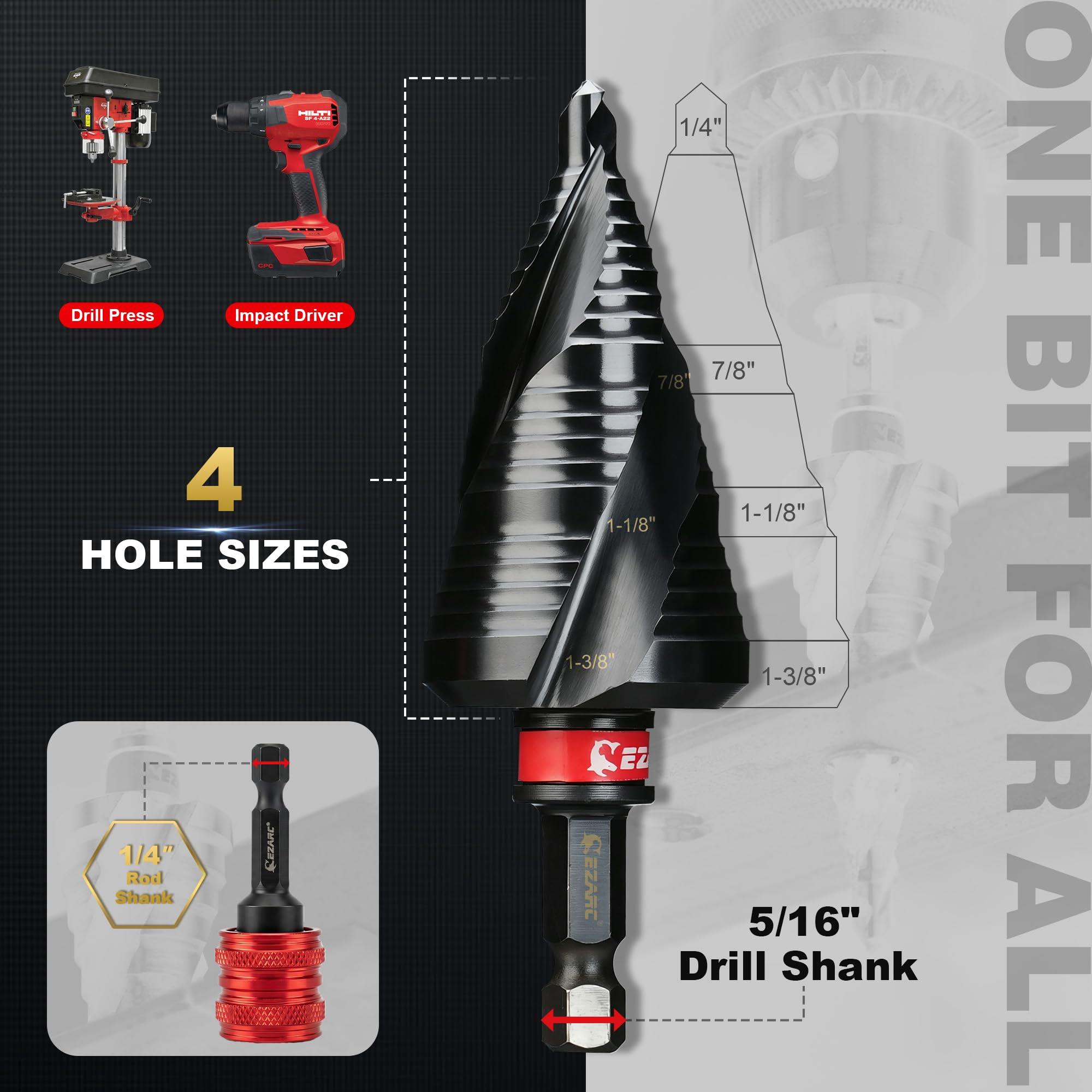 M35 Cobalt Wear-Resistant AlTiN Coated Step Drill Spiral Flute Unibit, for Stainless Steel, Aluminum, Plastic
