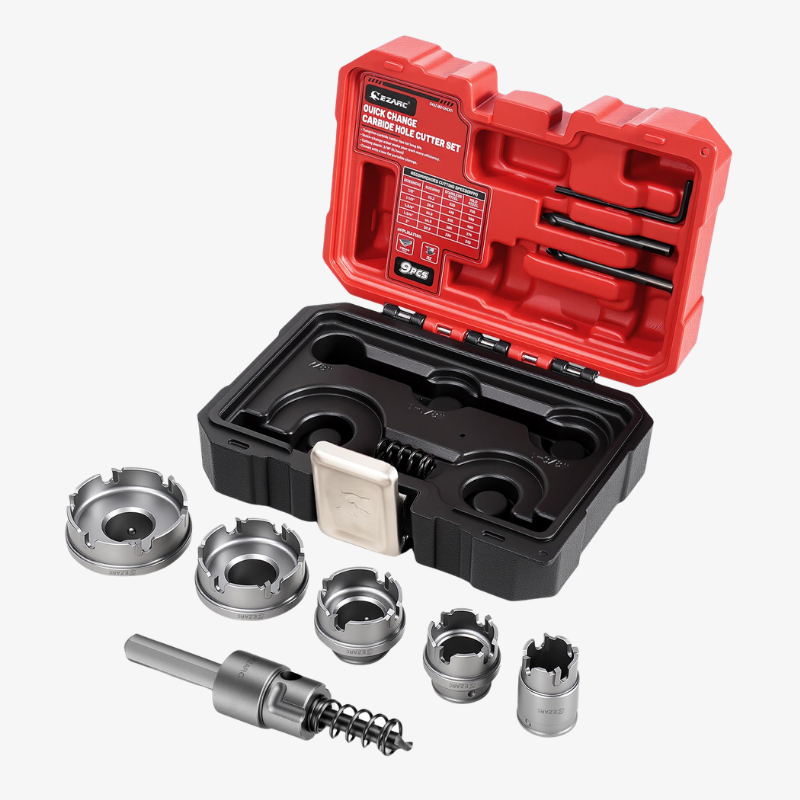 9-Piece Quick Change Carbide Hole Saw Kit, 7/8" to 2" Hole Cutters for Stainless Steel and Sheet Metal, with Pilot Drills, Hex Key and Spring