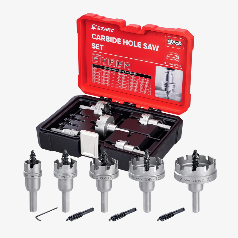 Tungsten Carbide Hole Saw Kit, 7/8" to 2" Hole Saw Set with Pilot Drill Bits and Hex Key for Stainless Steel and Hard Meta