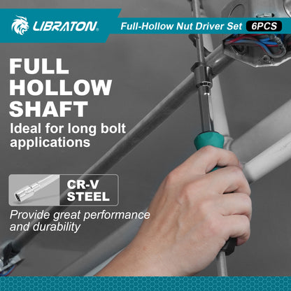 LIBRATON 6-Pc SAE Full-Hollow Nut Drivers – 12-Point Magnetic, 1/4" to 1/2" (6 Sizes), Long-Bolt Ready