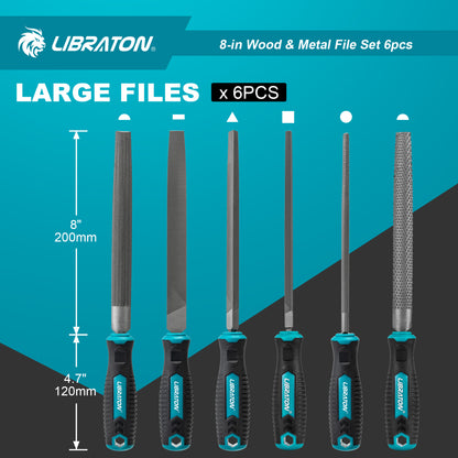 Libraton 8" High-Carbon Steel File Set, 6PCS (5 Metal Files & 1 Wood Rasp)