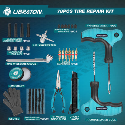 LIBRATON Tire Plug Kit, 78PCS Tire Repair Kit, Professional Tire Patch Kit