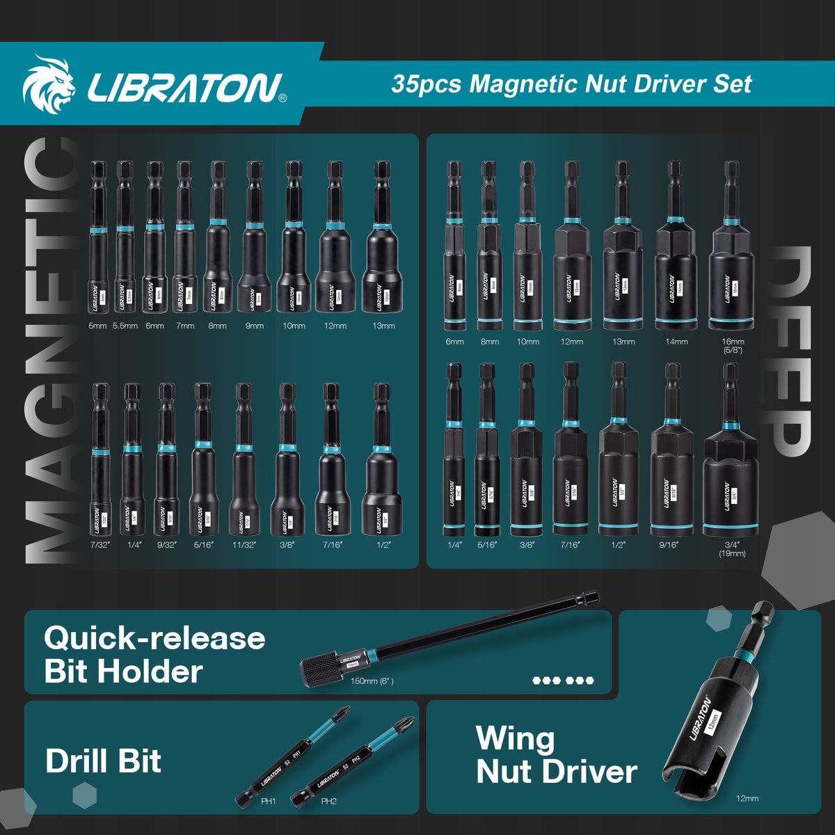 LIBRATON 35-Piece Magnetic Nut Driver Bit Set