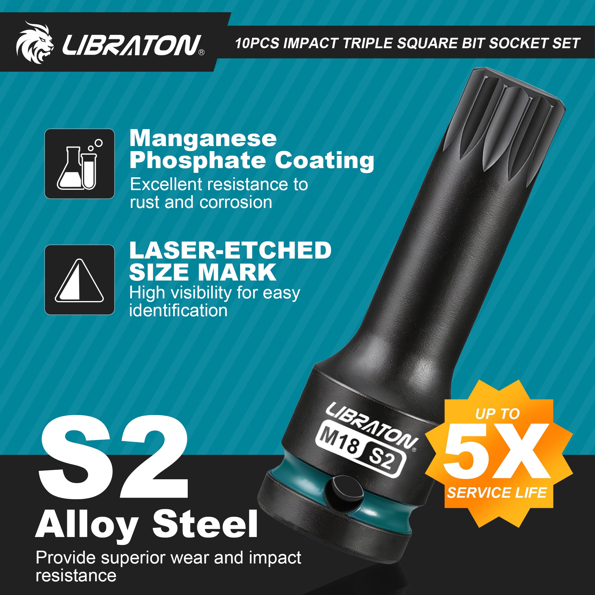 Libraton 10PCS 1/2" Drive Impact XZN Triple Square Bit Socket Set, S2 Steel