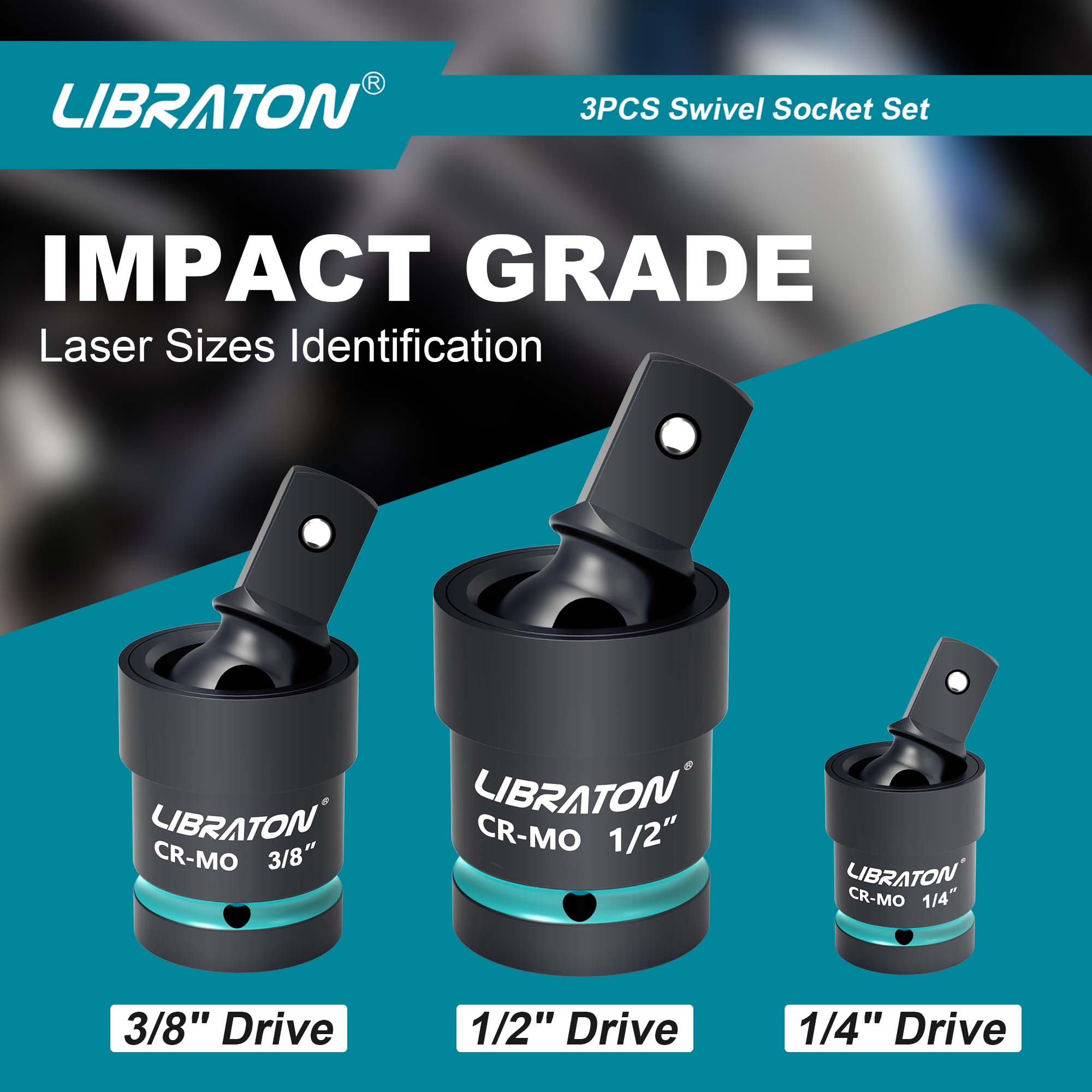 Libraton 3-Piece Impact Swivel Socket Set – 1/4", 3/8", 1/2" Drive, Cr-Mo Flex Joints