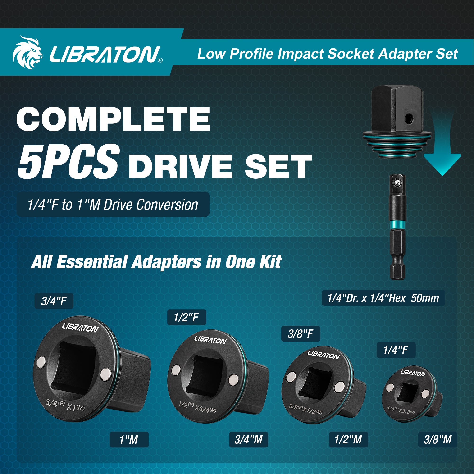 Libraton 5PCS Low Profile Impact Socket Adapter Set, Magnetic Drive Converter