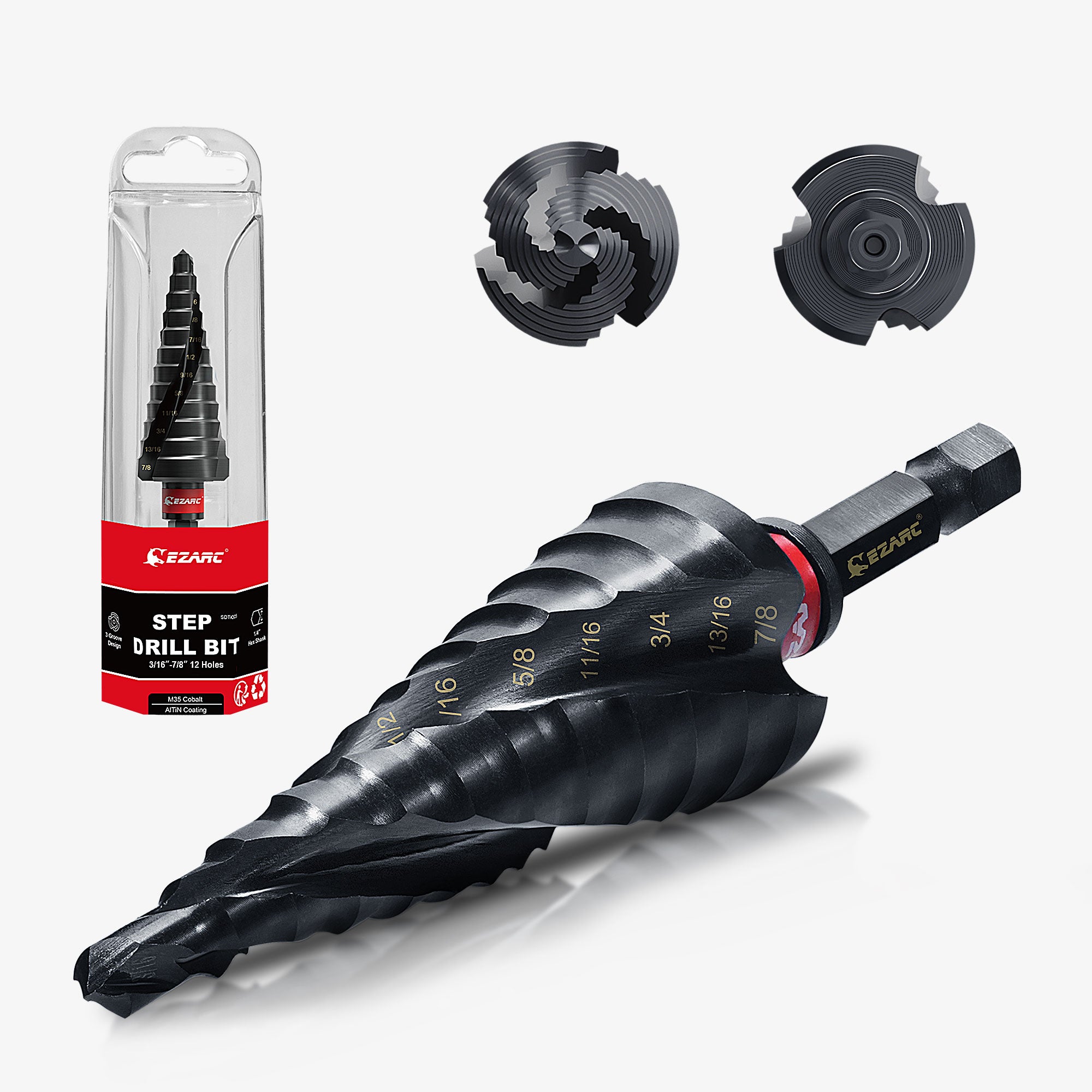 Impact step drill bit outlet
