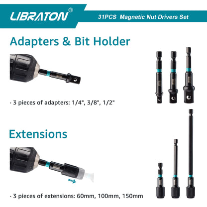Libraton 31PCS Magnetic Nut Driver & Impact Bit Set, Metric & SAE
