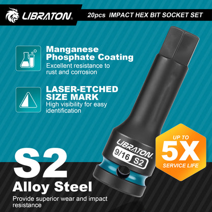 Libraton 20PCS 1/2" Drive Impact Hex Bit Socket Set, S2 Steel, Metric & SAE