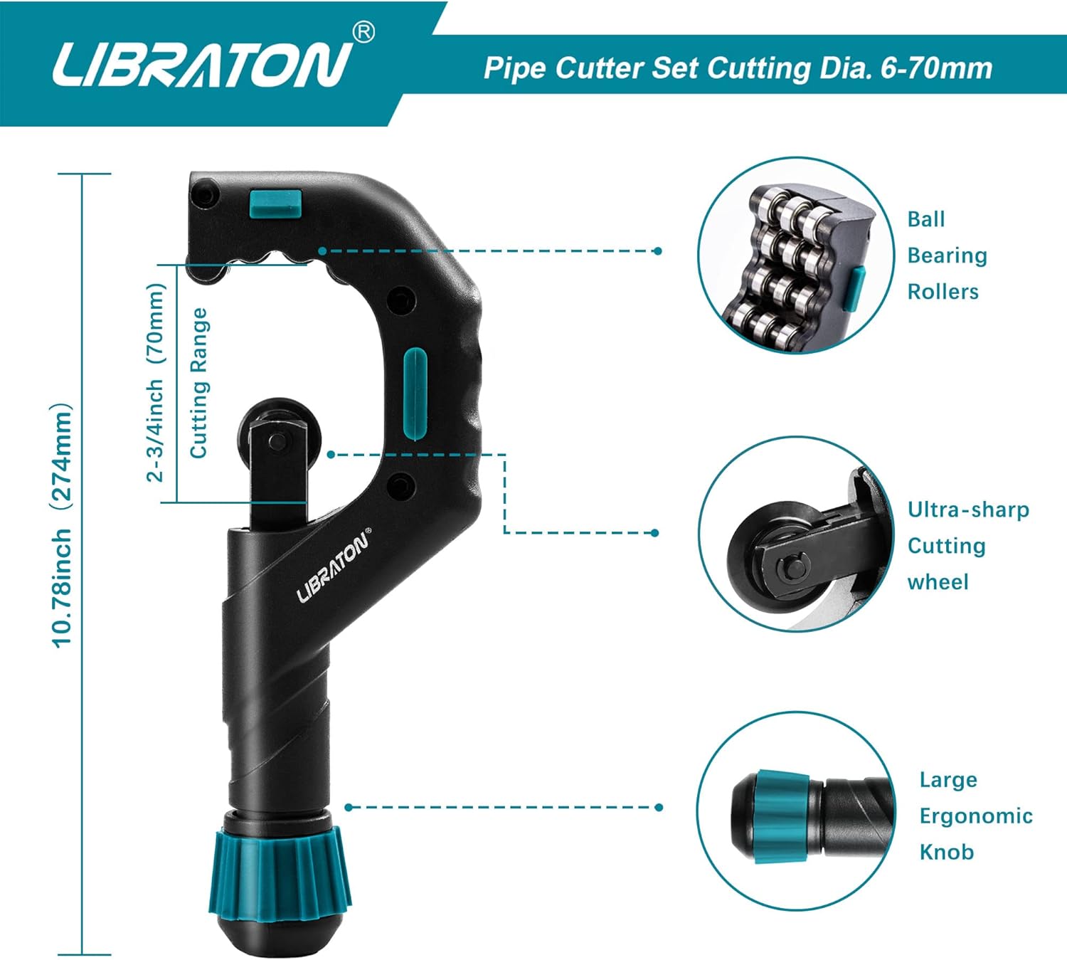 Libraton Copper Tube Cutter – 1/4"–2-3/4", Heavy-Duty, with Deburrer