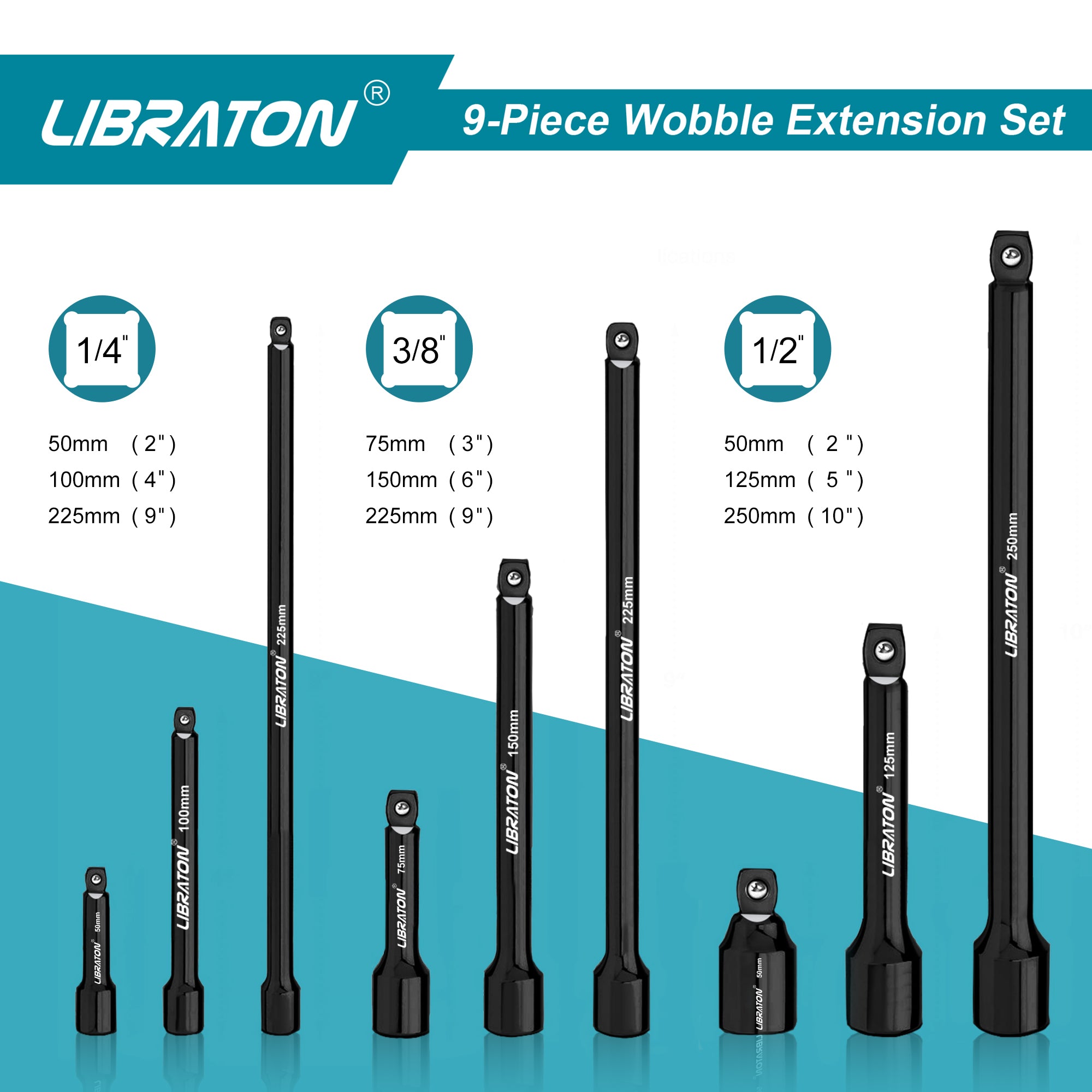 Libraton 9PCS Wobble Extension Set, 1/4" 3/8" 1/2" Drive Socket Extensions