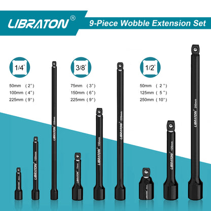 Libraton 9PCS Wobble Extension Set, 1/4" 3/8" 1/2" Drive Socket Extensions